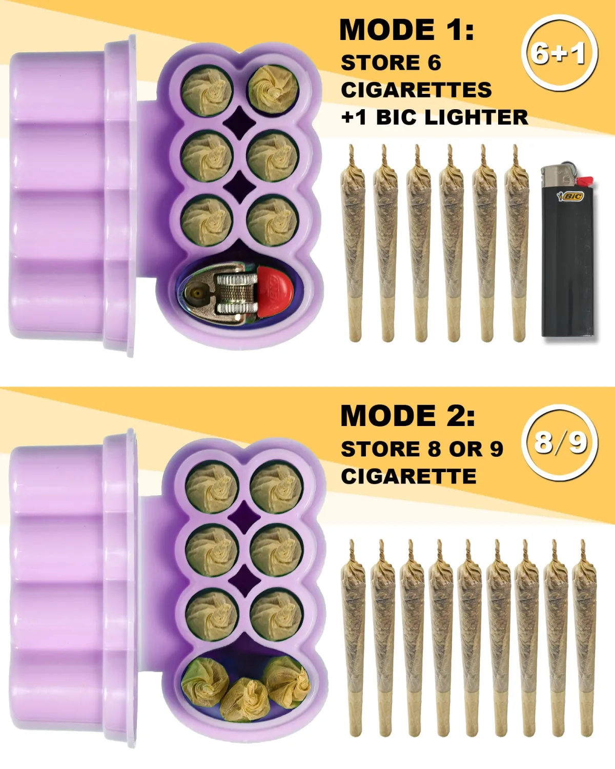 6 Hole King Size Pre Roll Cone Holder Case with Lighter Holder, 6 or 8 Capacity Cigarette Case for Regular Size, Small Smoking Accessories for 1-1/4 Size Pre Rolled Rolling Paper - Purple