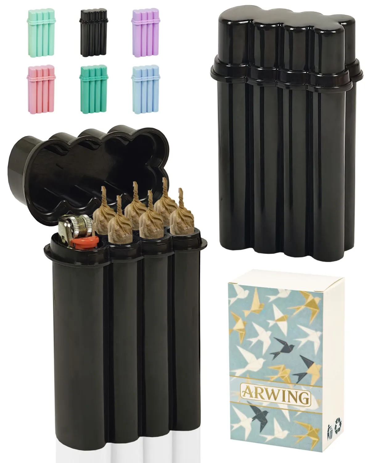 6 Hole King Size Pre Roll Cone Holder Case with Lighter Holder, 6 or 8 Capacity Cigarette Case for Regular Size, Small Smoking Accessories for 1-1/4 Size Pre Rolled Rolling Paper - Black