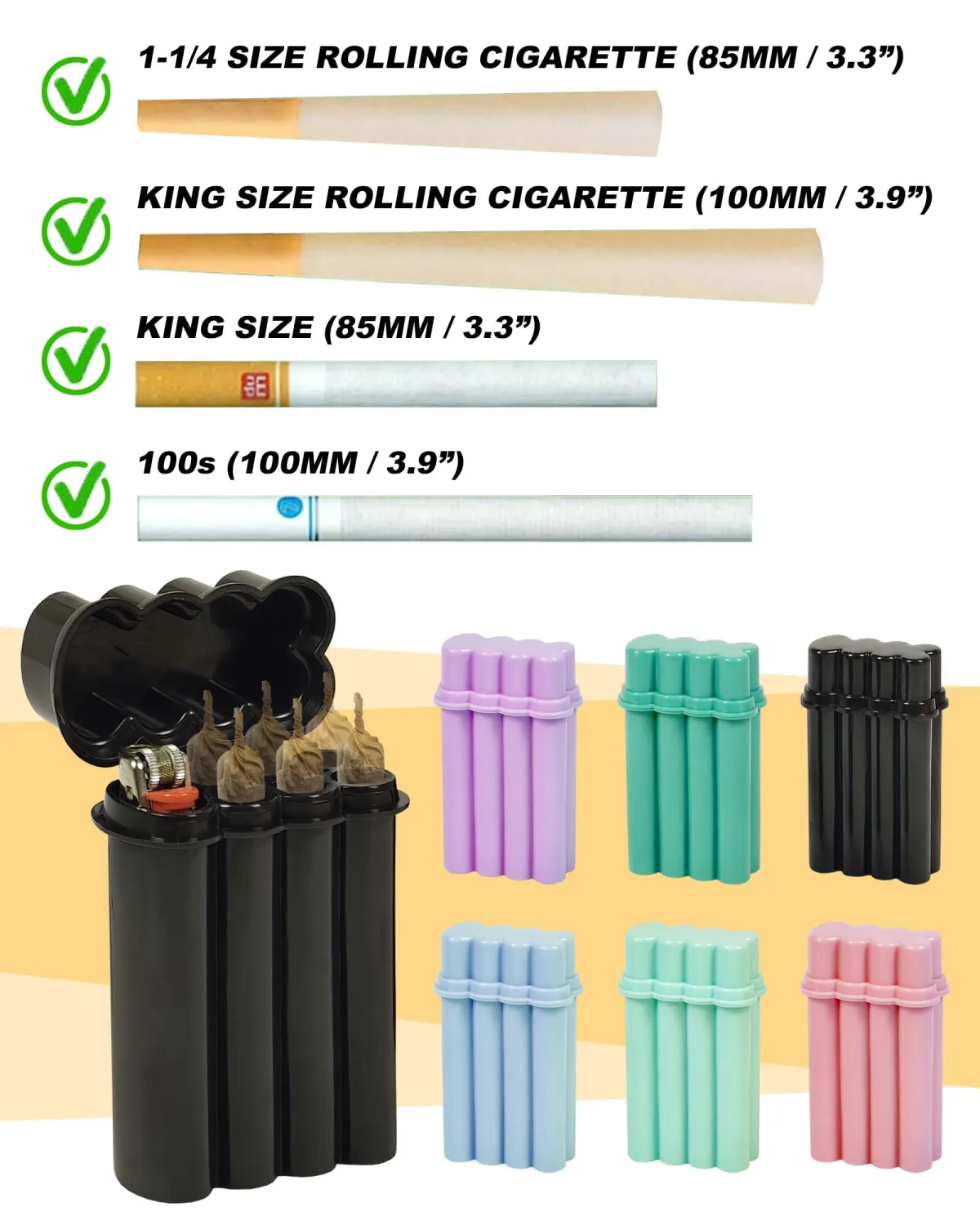 6 Hole King Size Pre Roll Cone Holder Case with Lighter Holder, 6 or 8 Capacity Cigarette Case for Regular Size, Small Smoking Accessories for 1-1/4 Size Pre Rolled Rolling Paper - Black