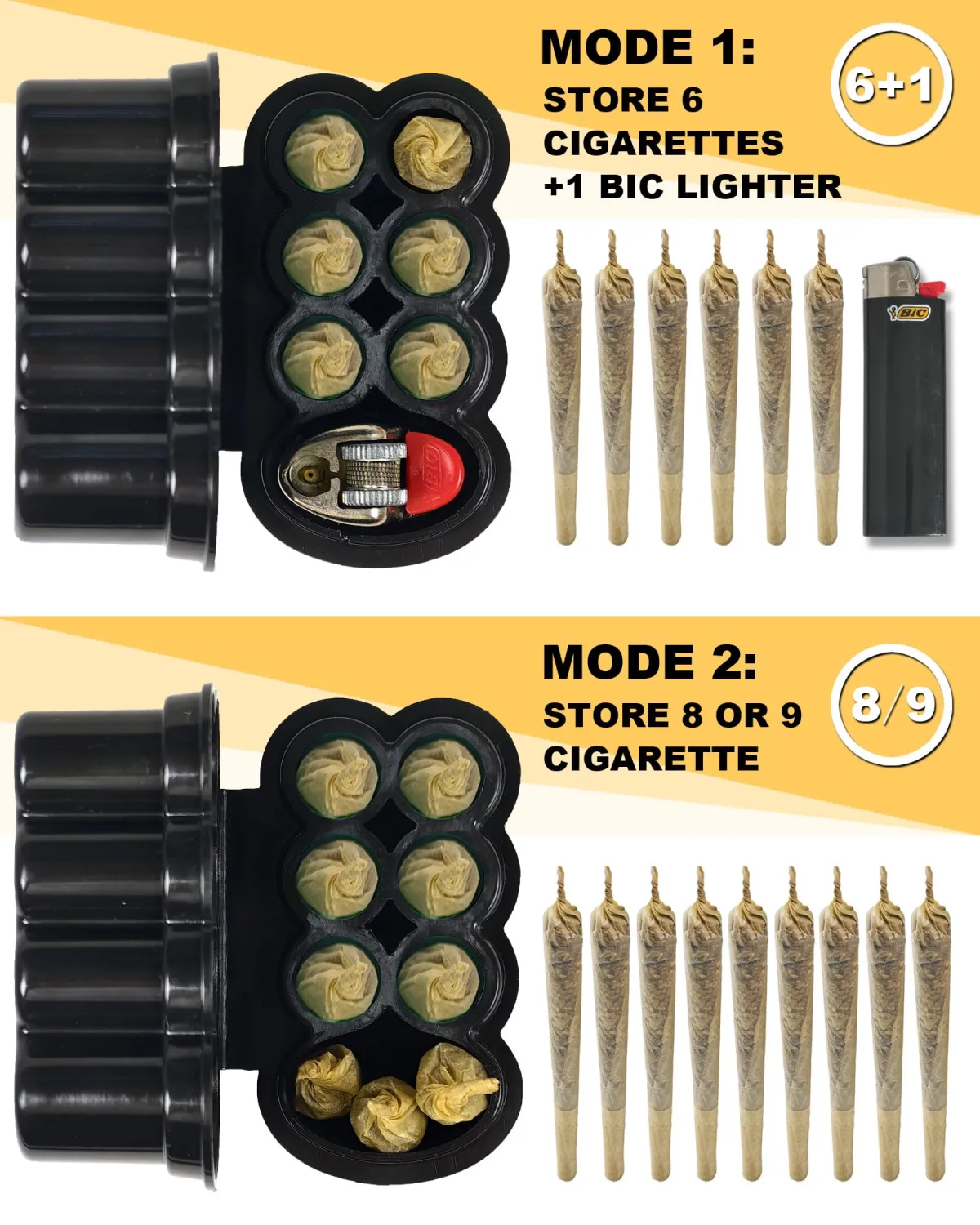 6 Hole King Size Pre Roll Cone Holder Case with Lighter Holder, 6 or 8 Capacity Cigarette Case for Regular Size, Small Smoking Accessories for 1-1/4 Size Pre Rolled Rolling Paper - Black