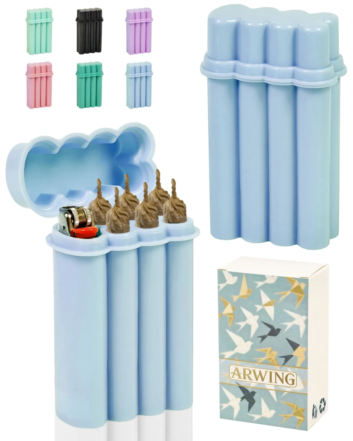 6 Hole King Size Pre Roll Cone Holder Case with Lighter Holder, 6 or 8 Capacity Cigarette Case for Regular Size, Small Smoking Accessories for 1-1/4 Size Pre Rolled Rolling Paper - Blue