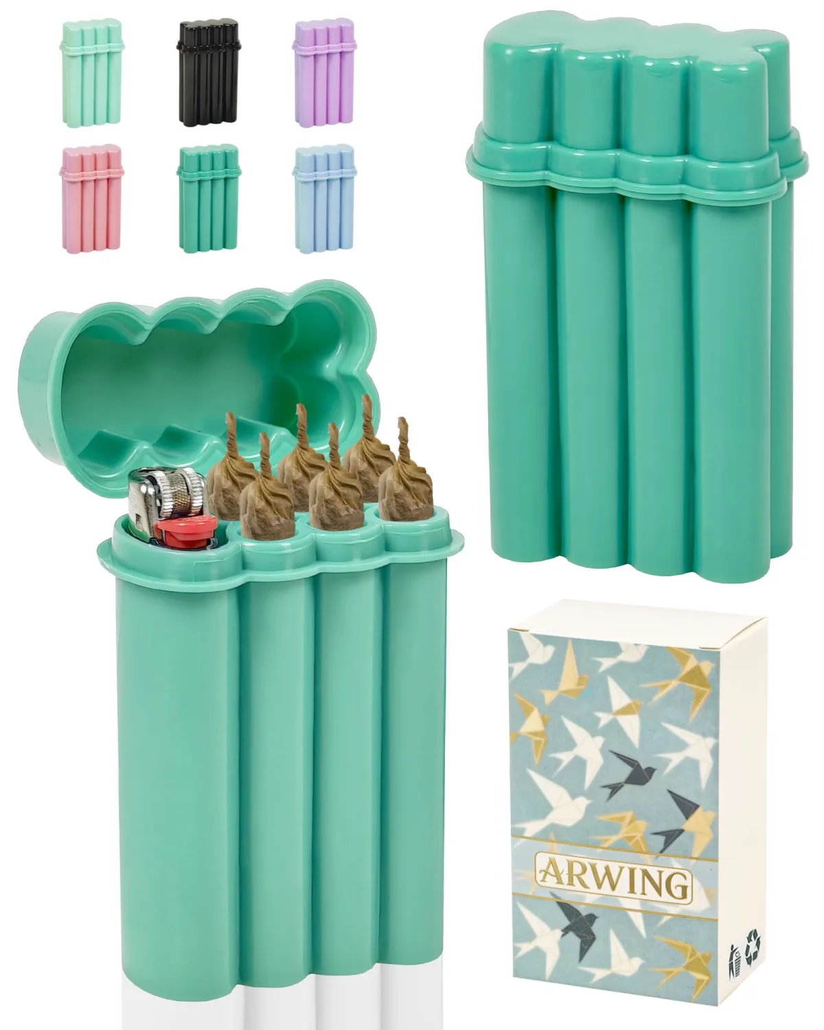 6 Hole King Size Pre Roll Cone Holder Case with Lighter Holder, 6 or 8 Capacity Cigarette Case for Regular Size, Small Smoking Accessories for 1-1/4 Size Pre Rolled Rolling Paper - Green