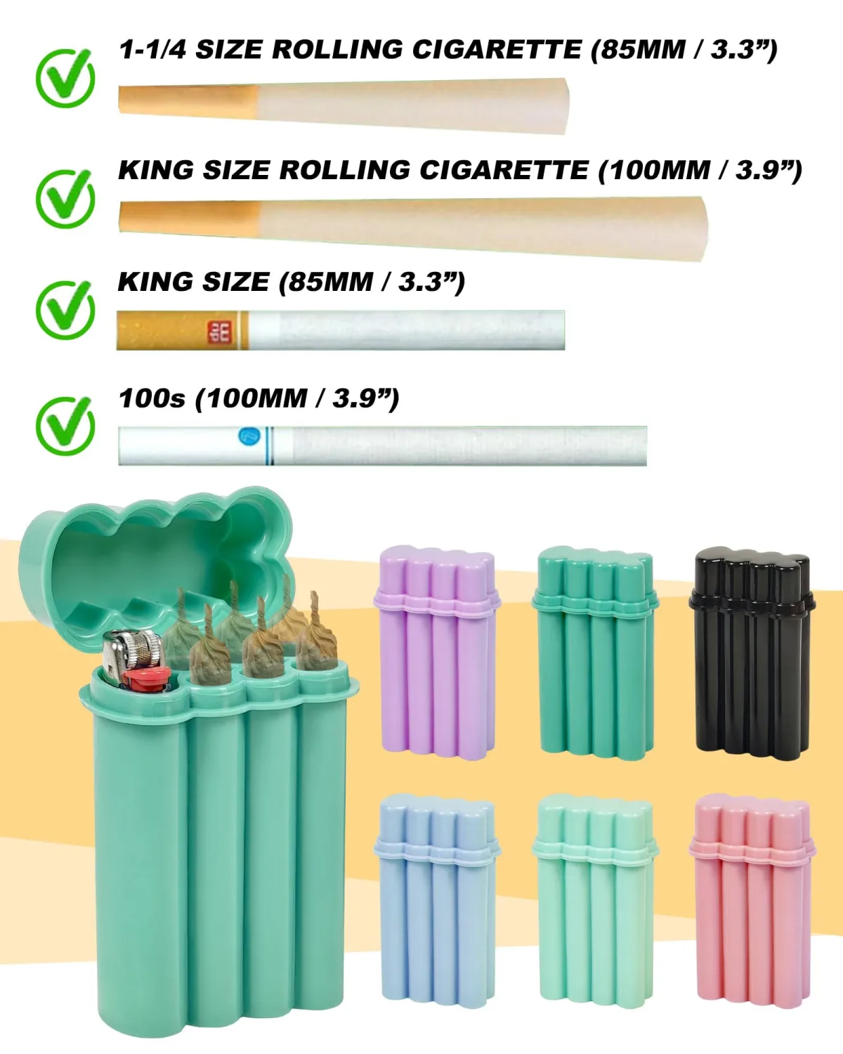 6 Hole King Size Pre Roll Cone Holder Case with Lighter Holder, 6 or 8 Capacity Cigarette Case for Regular Size, Small Smoking Accessories for 1-1/4 Size Pre Rolled Rolling Paper - Green