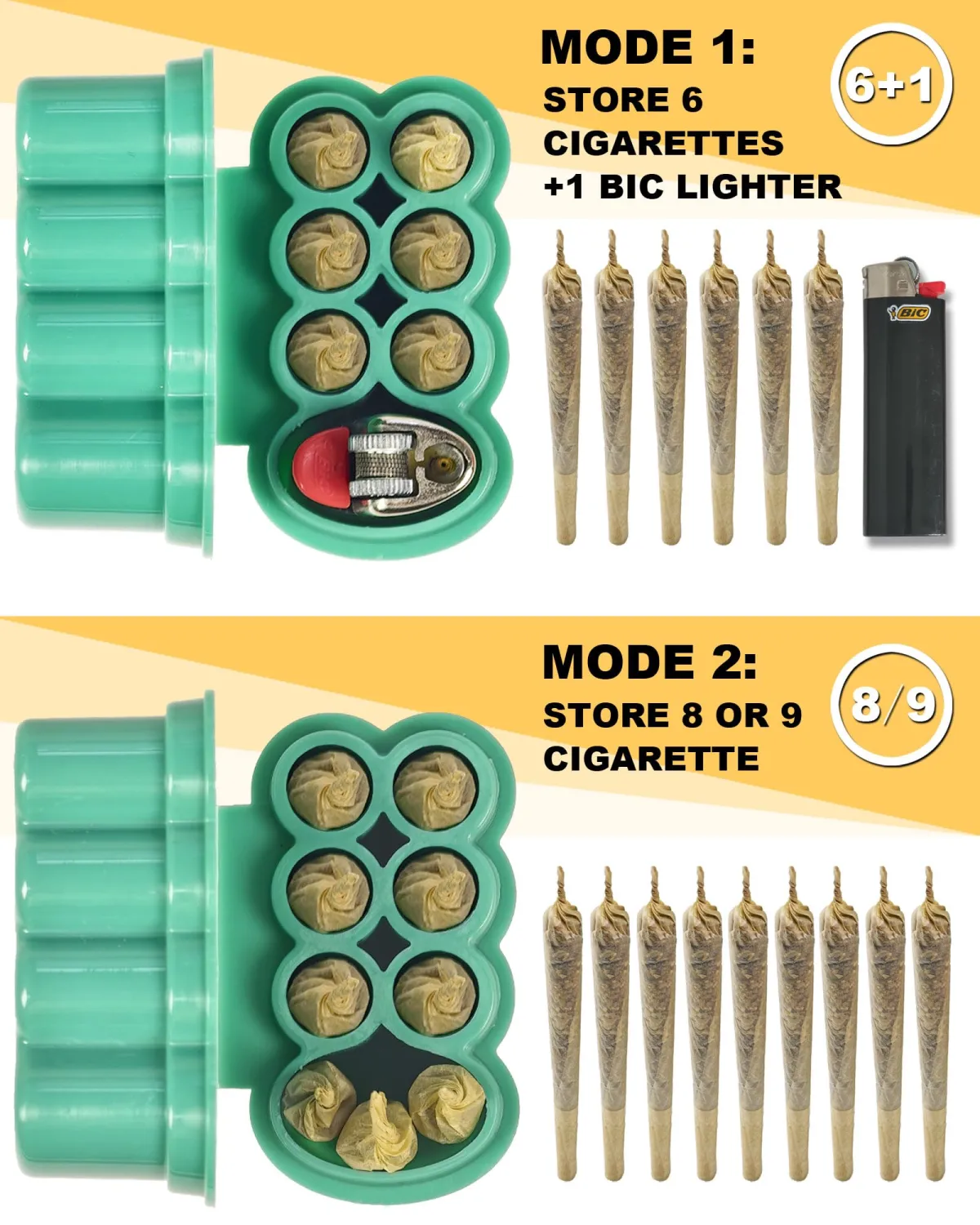 6 Hole King Size Pre Roll Cone Holder Case with Lighter Holder, 6 or 8 Capacity Cigarette Case for Regular Size, Small Smoking Accessories for 1-1/4 Size Pre Rolled Rolling Paper - Green