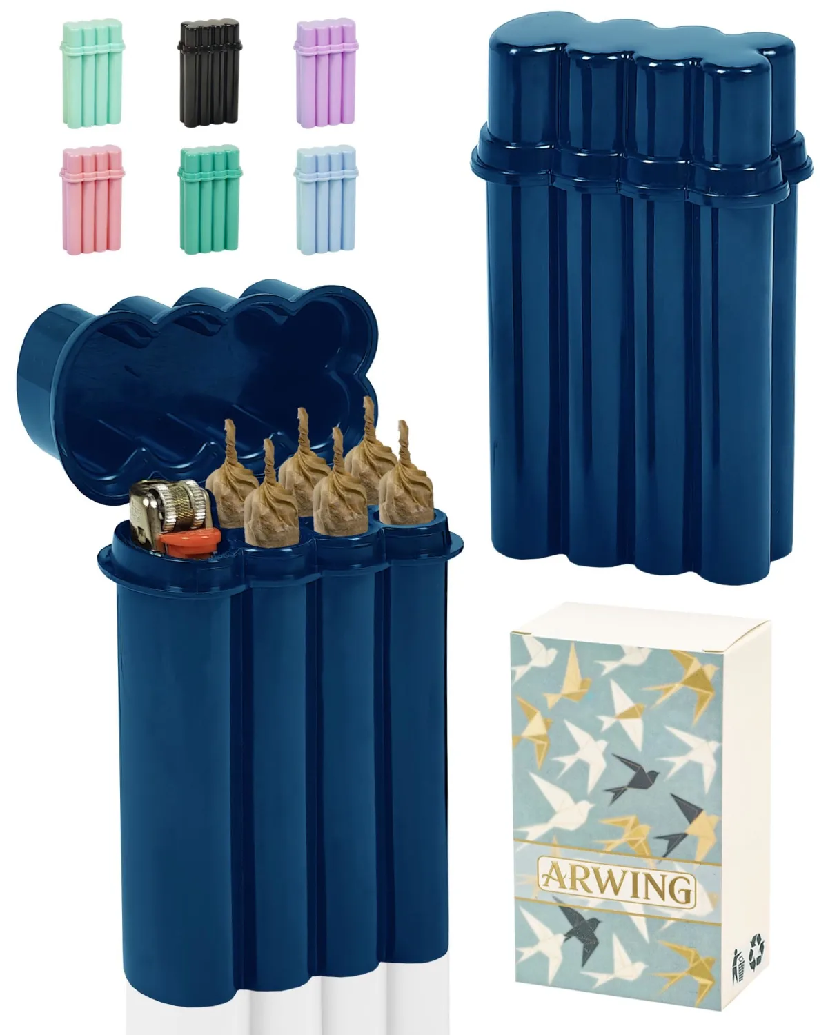 6 Hole King Size Pre Roll Cone Holder Case with Lighter Holder, 6 or 8 Capacity Cigarette Case for Regular Size, Small Smoking Accessories for 1-1/4 Size Pre Rolled Rolling Paper - Mint Green