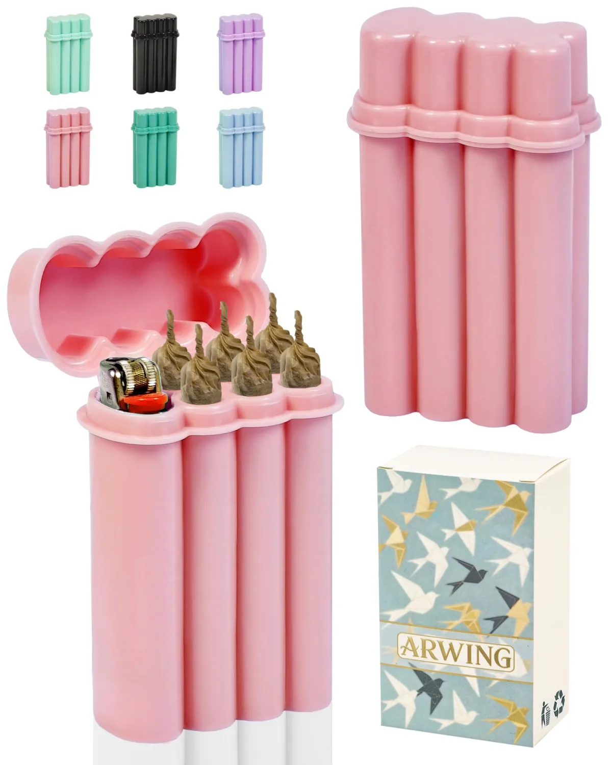6 Hole King Size Pre Roll Cone Holder Case with Lighter Holder, 6 or 8 Capacity Cigarette Case for Regular Size, Small Smoking Accessories for 1-1/4 Size Pre Rolled Rolling Paper - Pink
