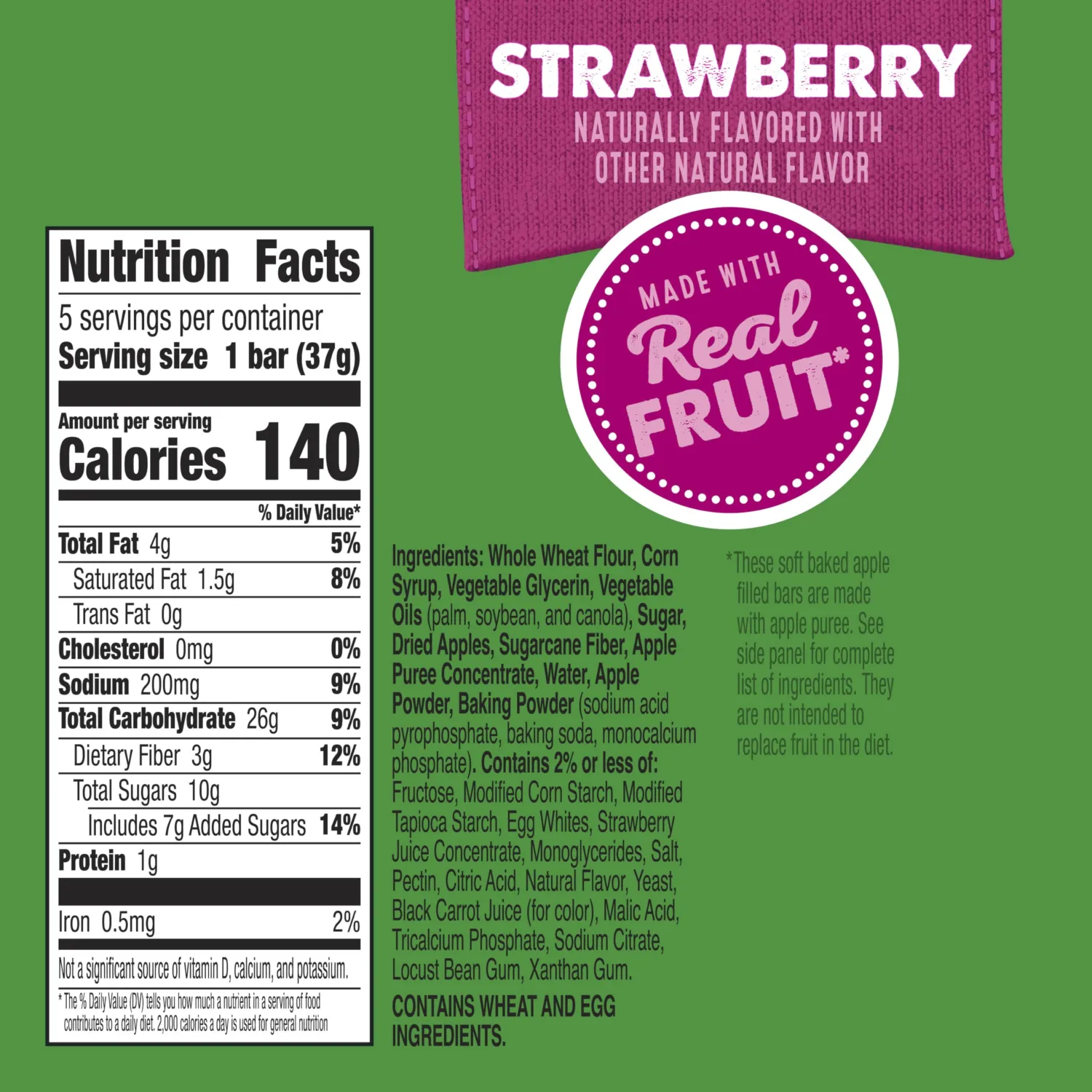 Mott's Soft Baked Apple Filled Bars, Strawberry Flavor Snacks, Made with Real Fruit, 5 Ct, 6.55 oz