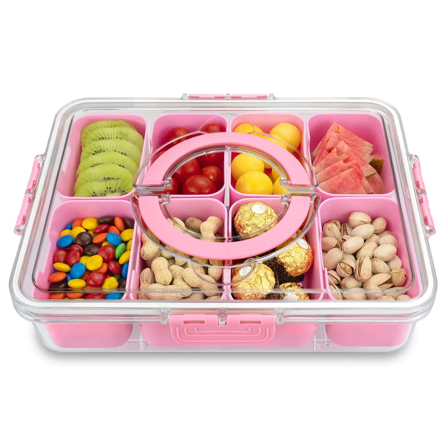 Divided Serving Tray with Lid and Handle, 8 Compartments Snack Box, Portable Platter for Candy Fruits Nuts, Snack Party Entertaining Picnic