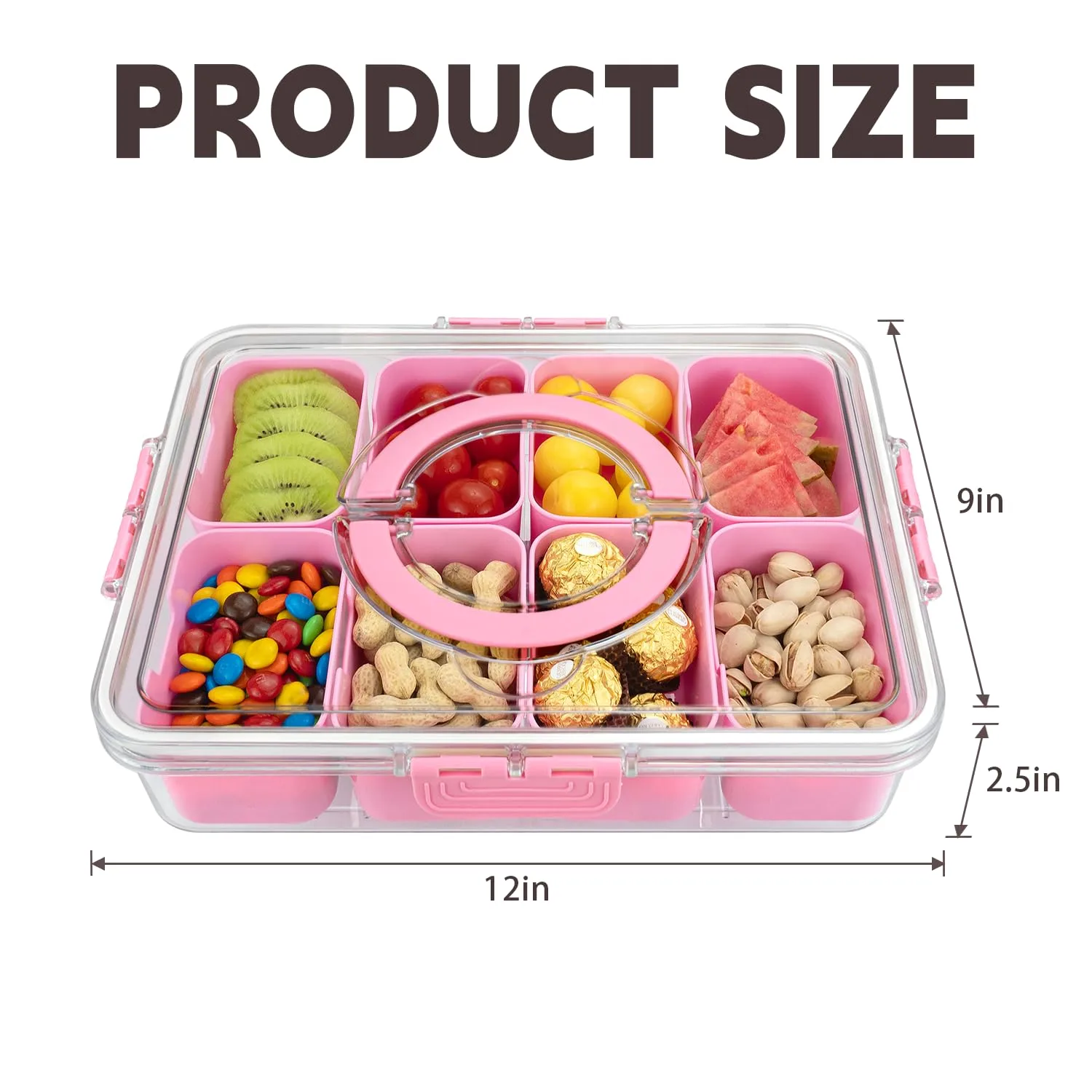 Divided Serving Tray with Lid and Handle, 8 Compartments Snack Box, Portable Platter for Candy Fruits Nuts, Snack Party Entertaining Picnic