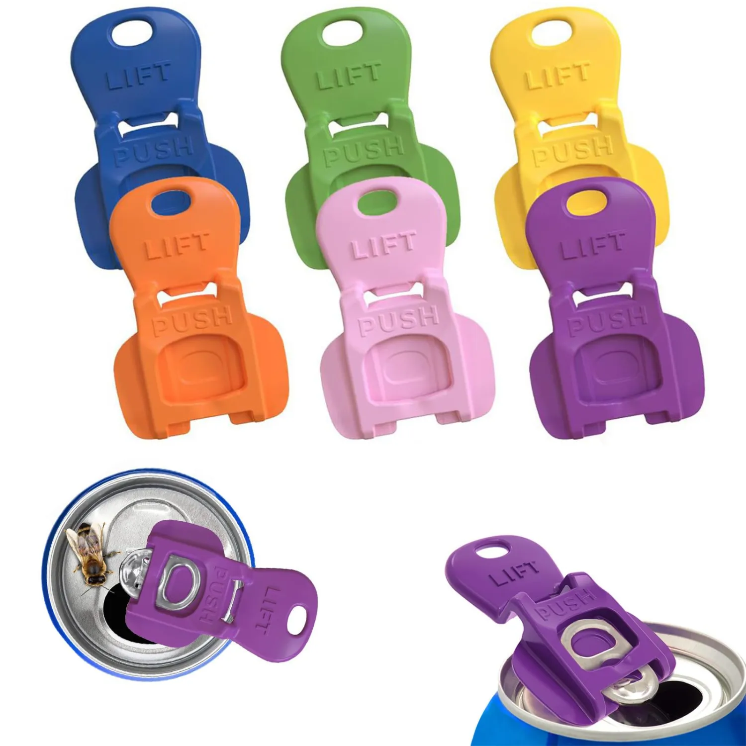 6PCS Colorful Can Tab Openers & Leak-Proof Drink Covers – One-Hand Soda Can Opener and Reusable Protector Caps for Coke, Beer, Soda, and Aluminum Cans for Parties, BBQ, Camping & Travel(New model)