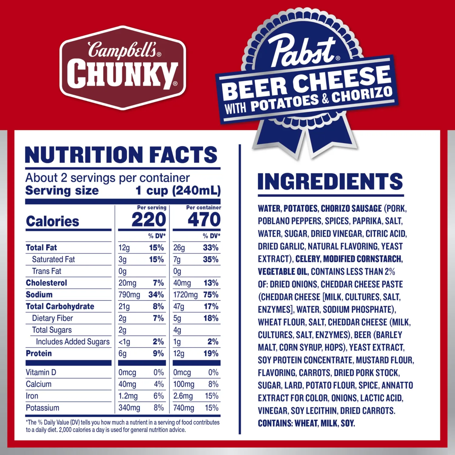 Campbell’s Chunky x Pabst Blue Ribbon Beer Cheese with Potatoes & Chorizo Soup, 18.8 oz Can (Pack of 3)