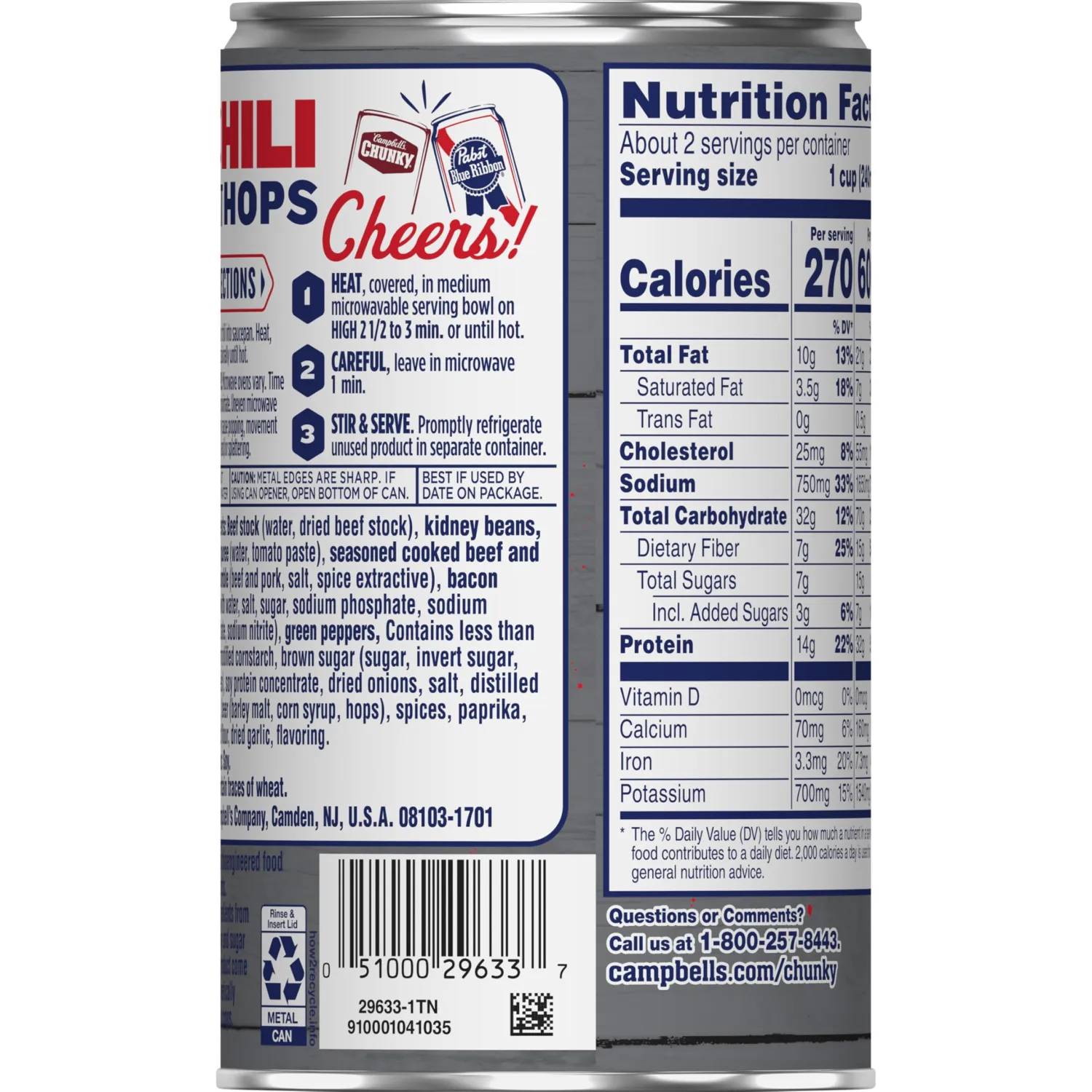 Campbell’s Chunky x Pabst Blue Ribbon Beef, Bacon & Beer Chili with Beans, 19 oz Can