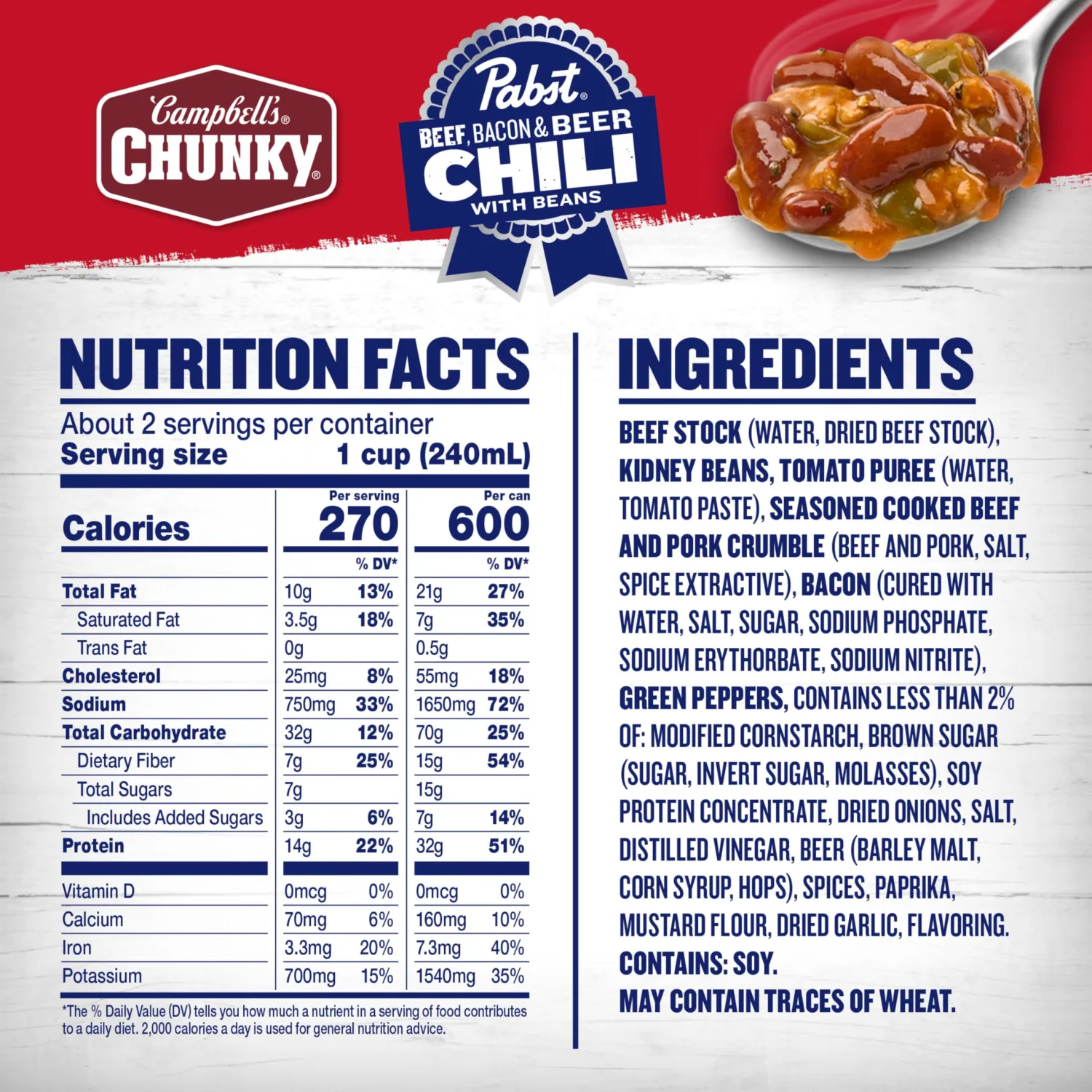 Campbell’s Chunky x Pabst Blue Ribbon Beef, Bacon & Beer Chili with Beans, 19 oz Can