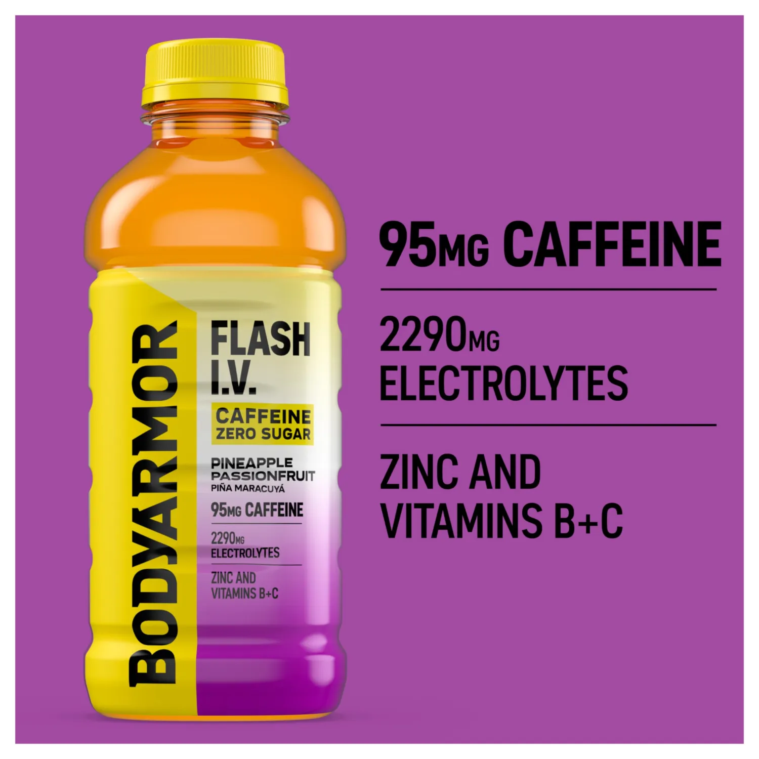 BODYARMOR Flash I.V. Zero Sugar + Caffeine, Pineapple Passionfruit Electrolyte Beverage, Hydration Drink For Rapid Rehydration, Post Workout Recovery, 20 Fl Oz (Pack of 12)