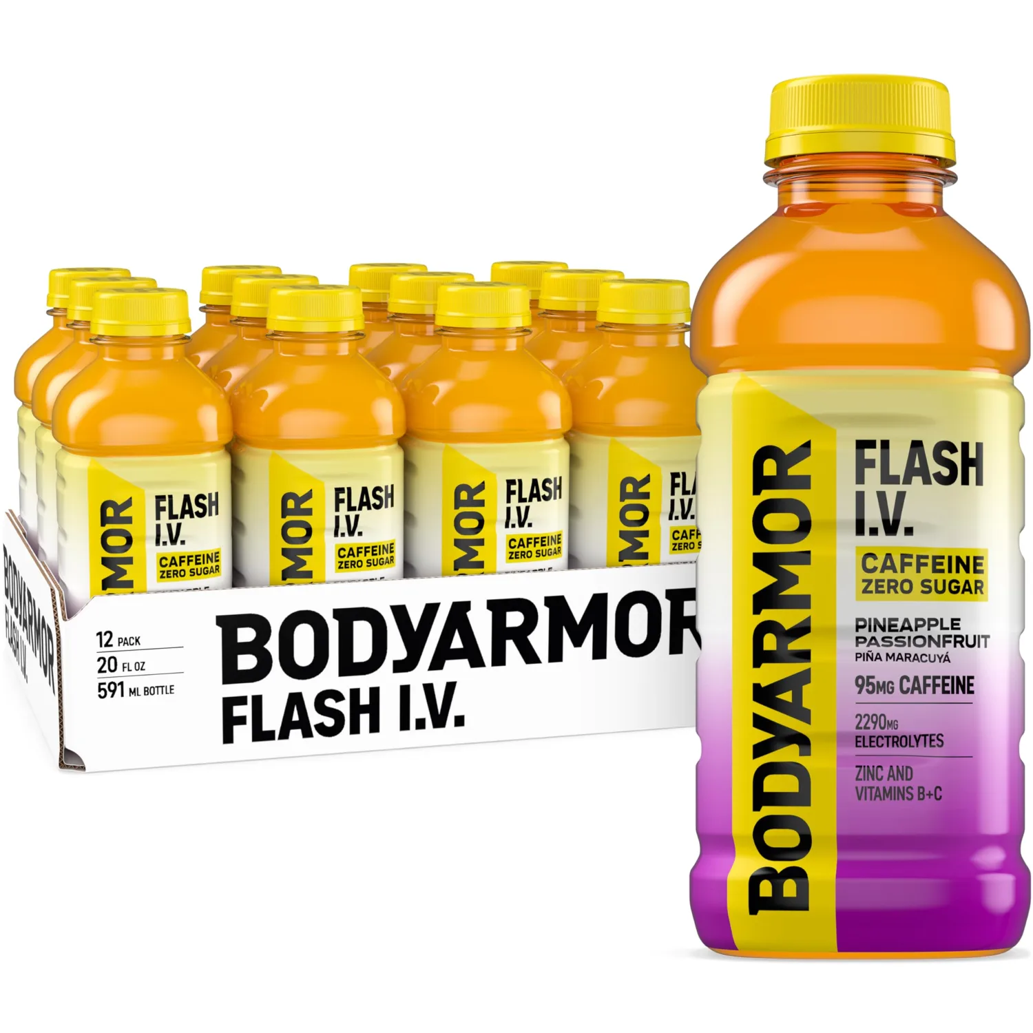 BODYARMOR Flash I.V. Zero Sugar + Caffeine, Pineapple Passionfruit Electrolyte Beverage, Hydration Drink For Rapid Rehydration, Post Workout Recovery, 20 Fl Oz (Pack of 12)