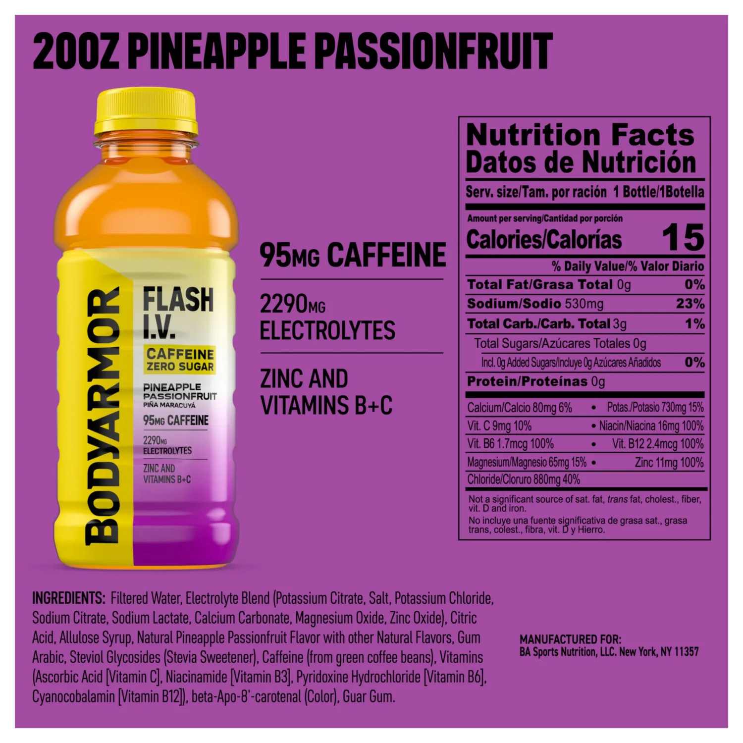 BODYARMOR Flash I.V. Zero Sugar + Caffeine, Pineapple Passionfruit Electrolyte Beverage, Hydration Drink For Rapid Rehydration, Post Workout Recovery, 20 Fl Oz (Pack of 12)