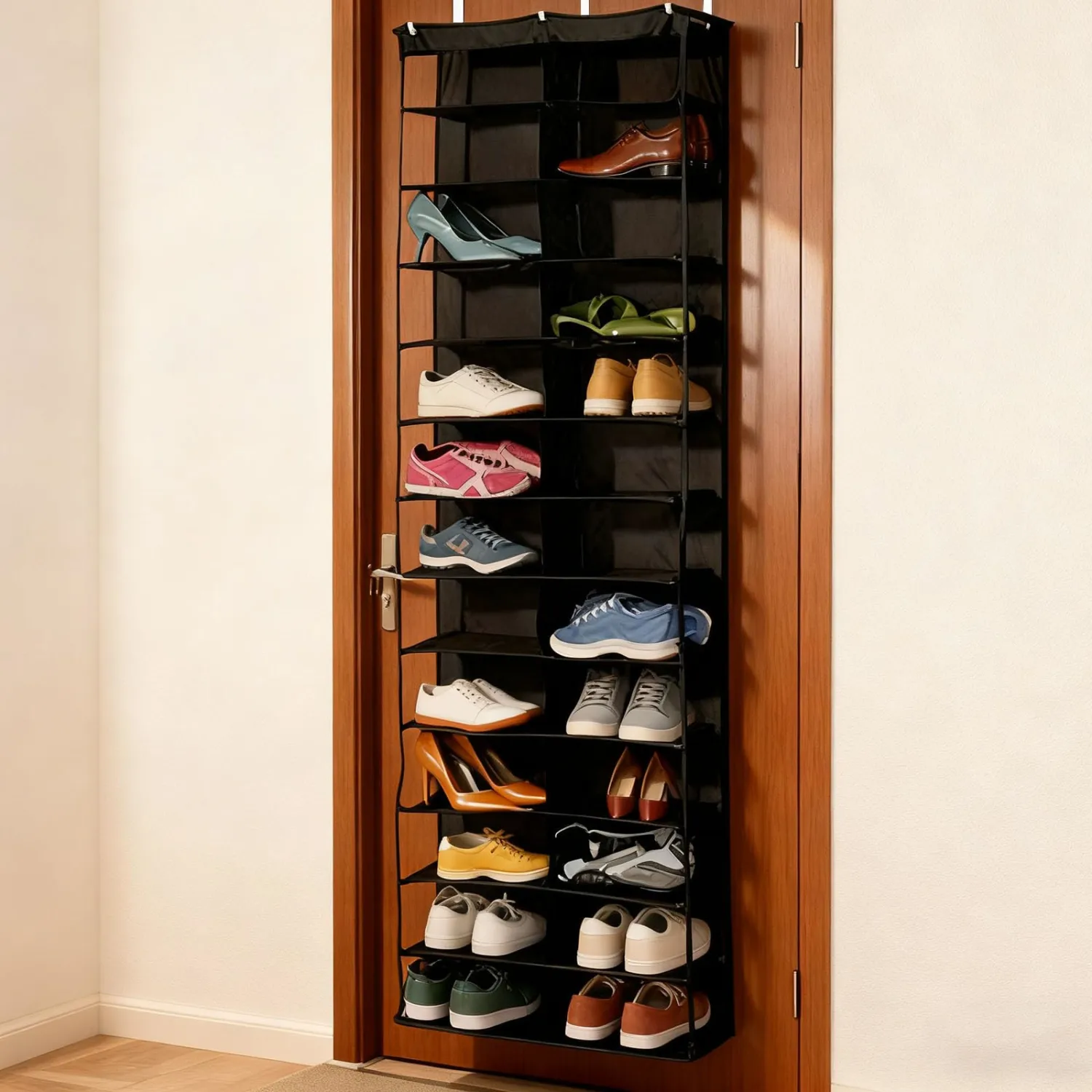 Over The Door Shoe Organizer, 26-Pocket Clear Heavyduty Hanging Shoe Rack for Closet,Foldable Portable Large Capacity Over Door Organizer for Closet Bedroom Hoodies Kitchen Shoes Bathroom