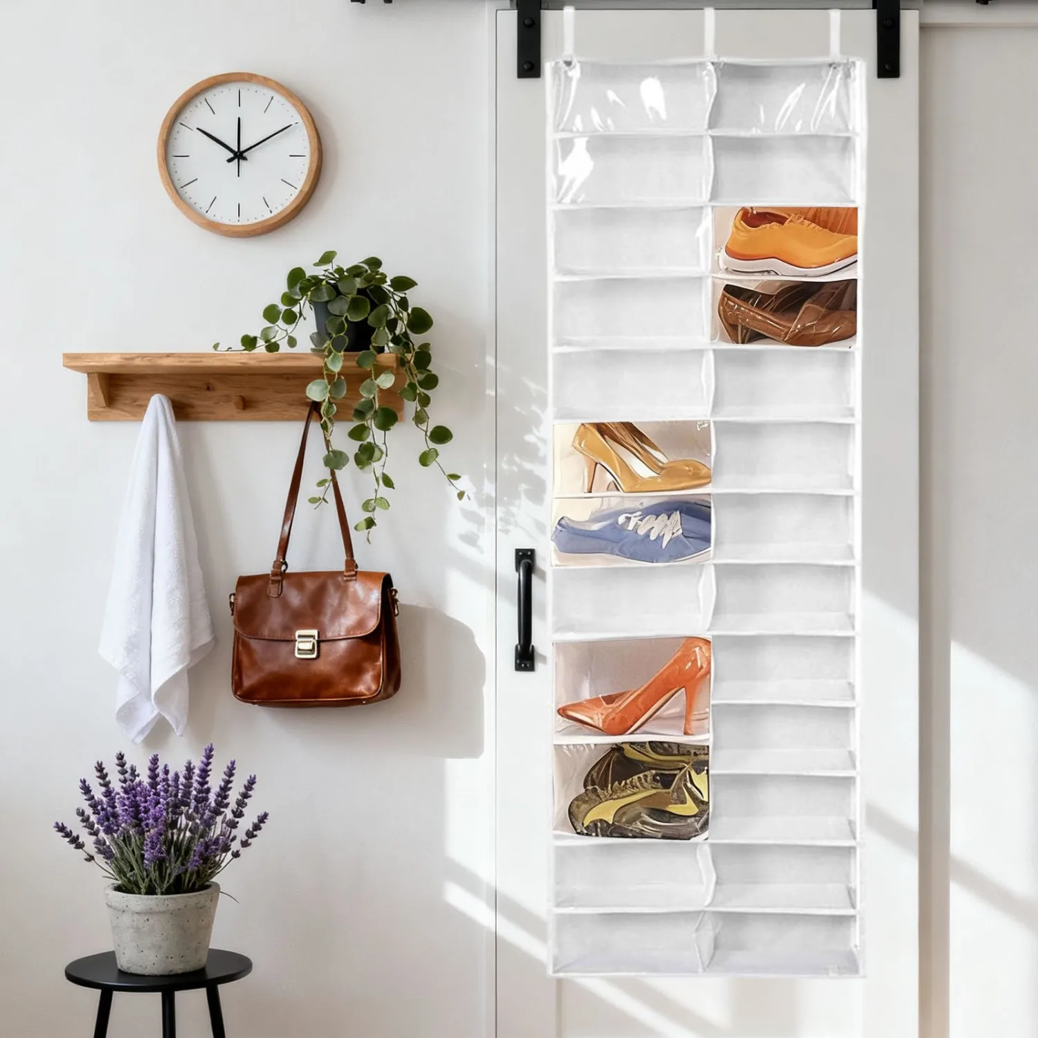 Over The Door Shoe Organizer, 26-Pocket Clear Heavyduty Hanging Shoe Rack for Closet,Foldable Portable Large Capacity Over Door Organizer for Closet Bedroom Hoodies Kitchen Shoes Bathroom