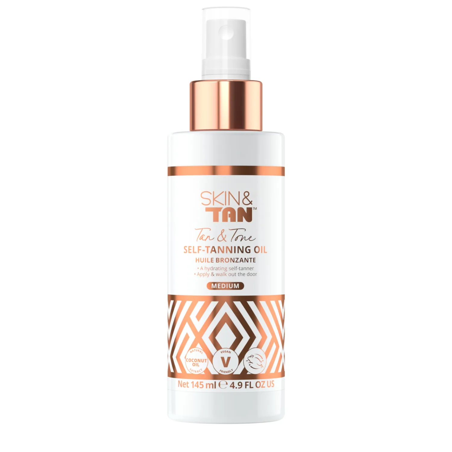 SKIN & TAN - Tan & Tone Oil: Streak-Free with Coconut Oil & Guarana Extract for Toned, Firm Skin, Cruelty-Free, Vegan - Medium 4.9 oz