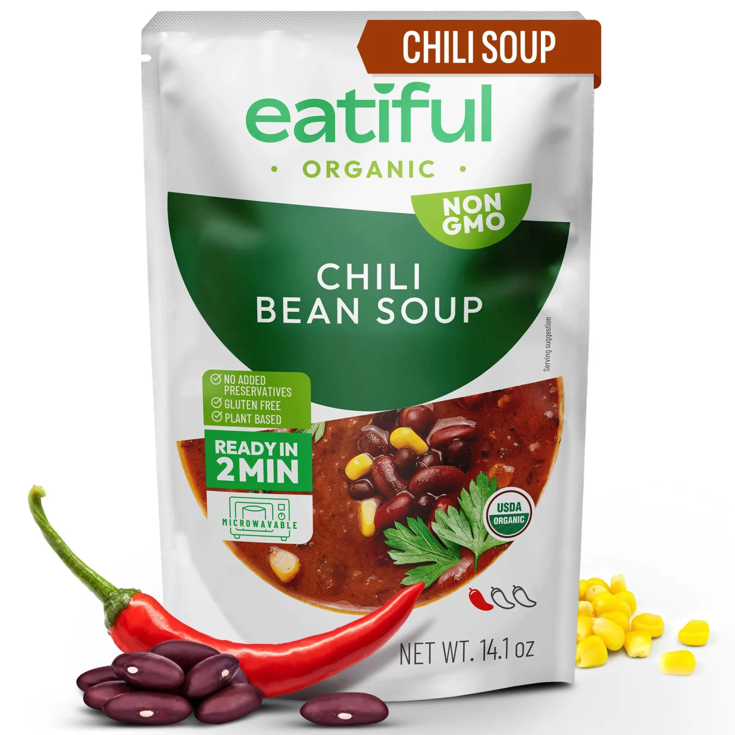 EATIFUL Chili Soup, Ready To Eat Vegan Chili Bean Soup, Made With Organic Vegetables, Plant Based, No Added Preservatives, Gluten Free, NON GMO, 14.1 Ounce (Pack of 1)