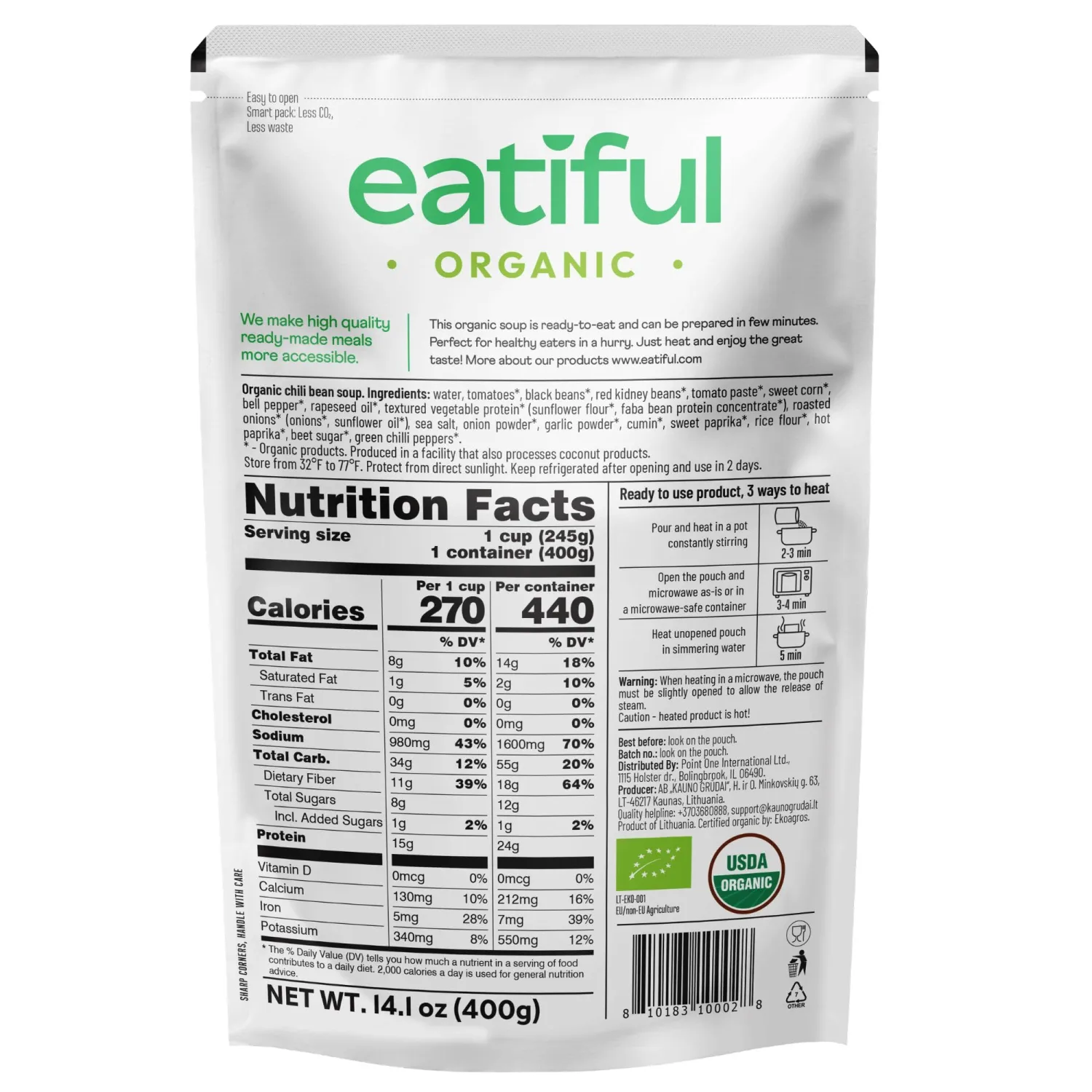 EATIFUL Chili Soup, Ready To Eat Vegan Chili Bean Soup, Made With Organic Vegetables, Plant Based, No Added Preservatives, Gluten Free, NON GMO, 14.1 Ounce (Pack of 1)