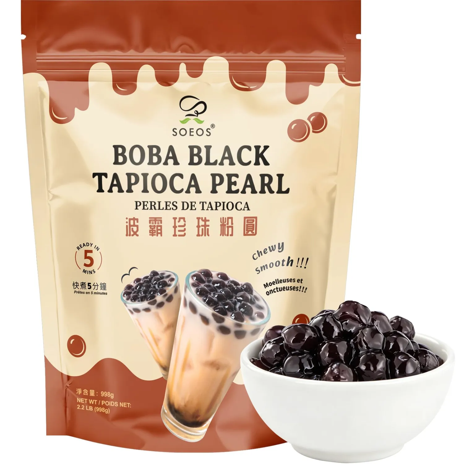 Soeos Boba Pearls 2.2 lb (998g), Black Tapioca Pearls for Bubble Tea, Smoothies, and Desserts, Quick Cooking, Ready in 5 Minutes