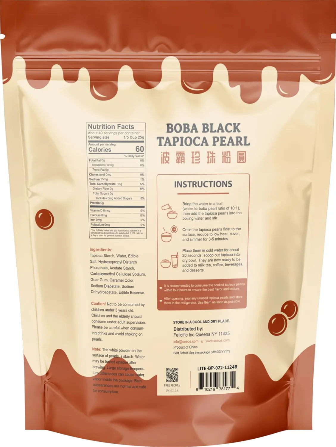 Soeos Boba Pearls 2.2 lb (998g), Black Tapioca Pearls for Bubble Tea, Smoothies, and Desserts, Quick Cooking, Ready in 5 Minutes