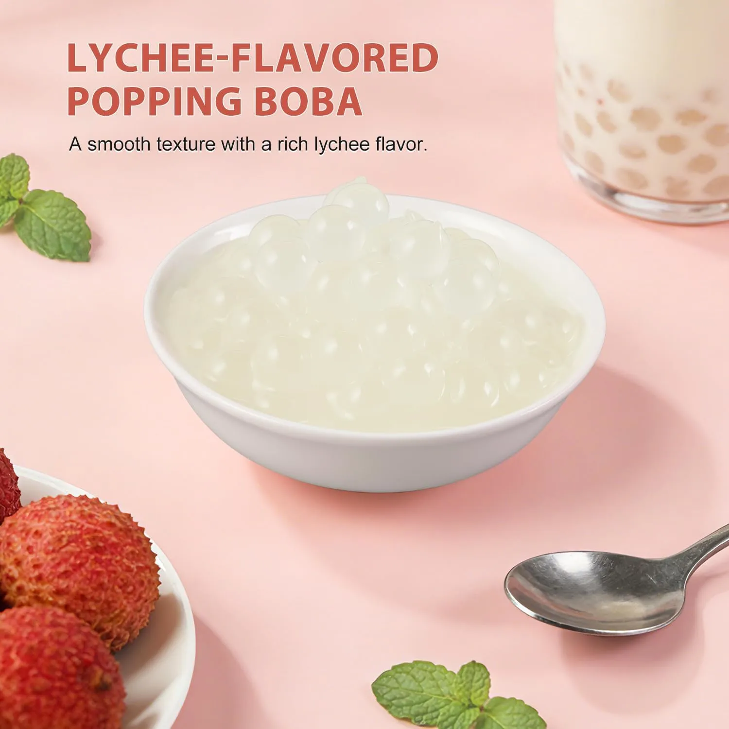 Soeos Lychee Popping Boba Pearls, 1.2 lbs(550g), Bursting Boba Pearls for Bubble Tea, Beverages, Shakes, Desserts, Smoothie and Ice Cream Topping, Ready-to-Eat
