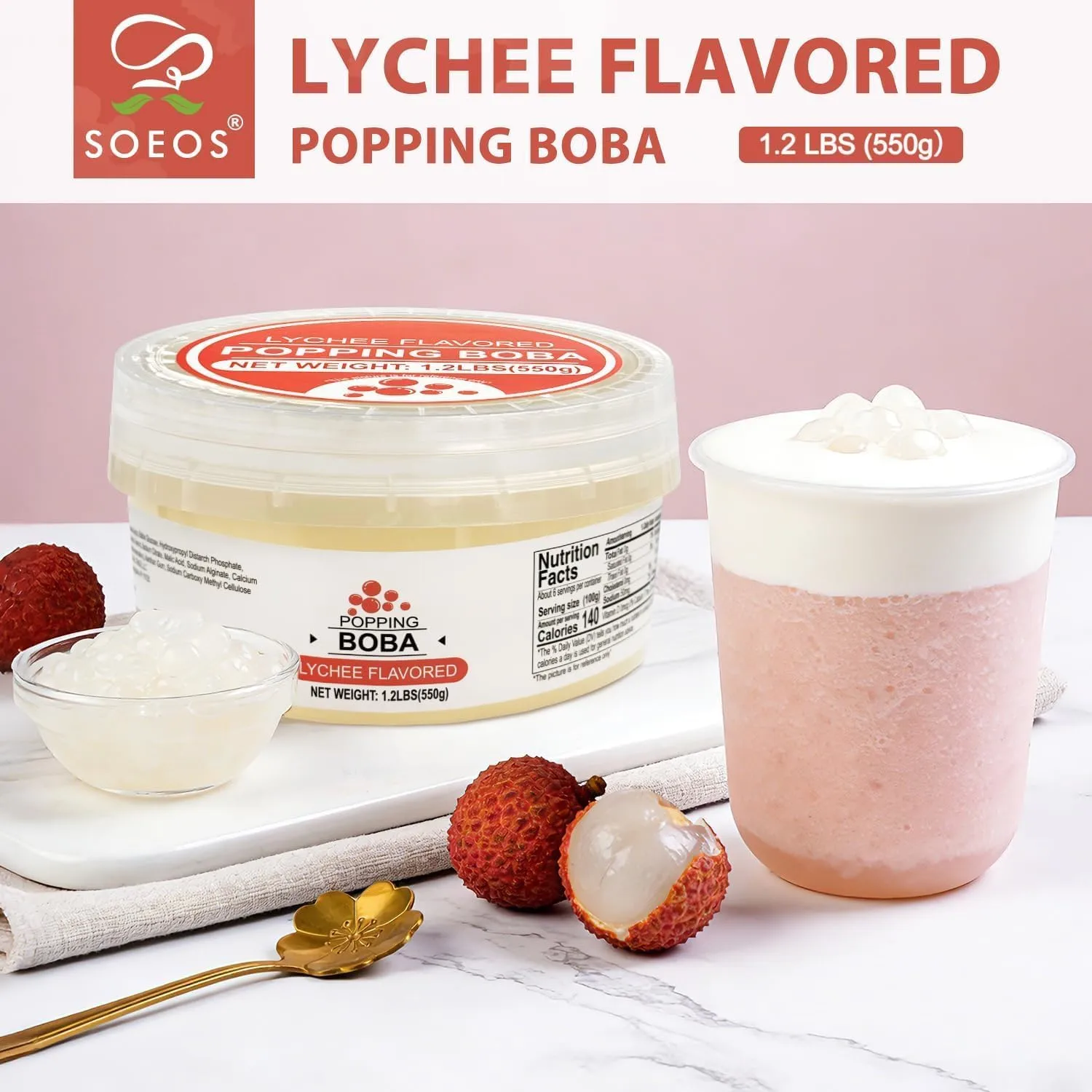 Soeos Lychee Popping Boba Pearls, 1.2 lbs(550g), Bursting Boba Pearls for Bubble Tea, Beverages, Shakes, Desserts, Smoothie and Ice Cream Topping, Ready-to-Eat