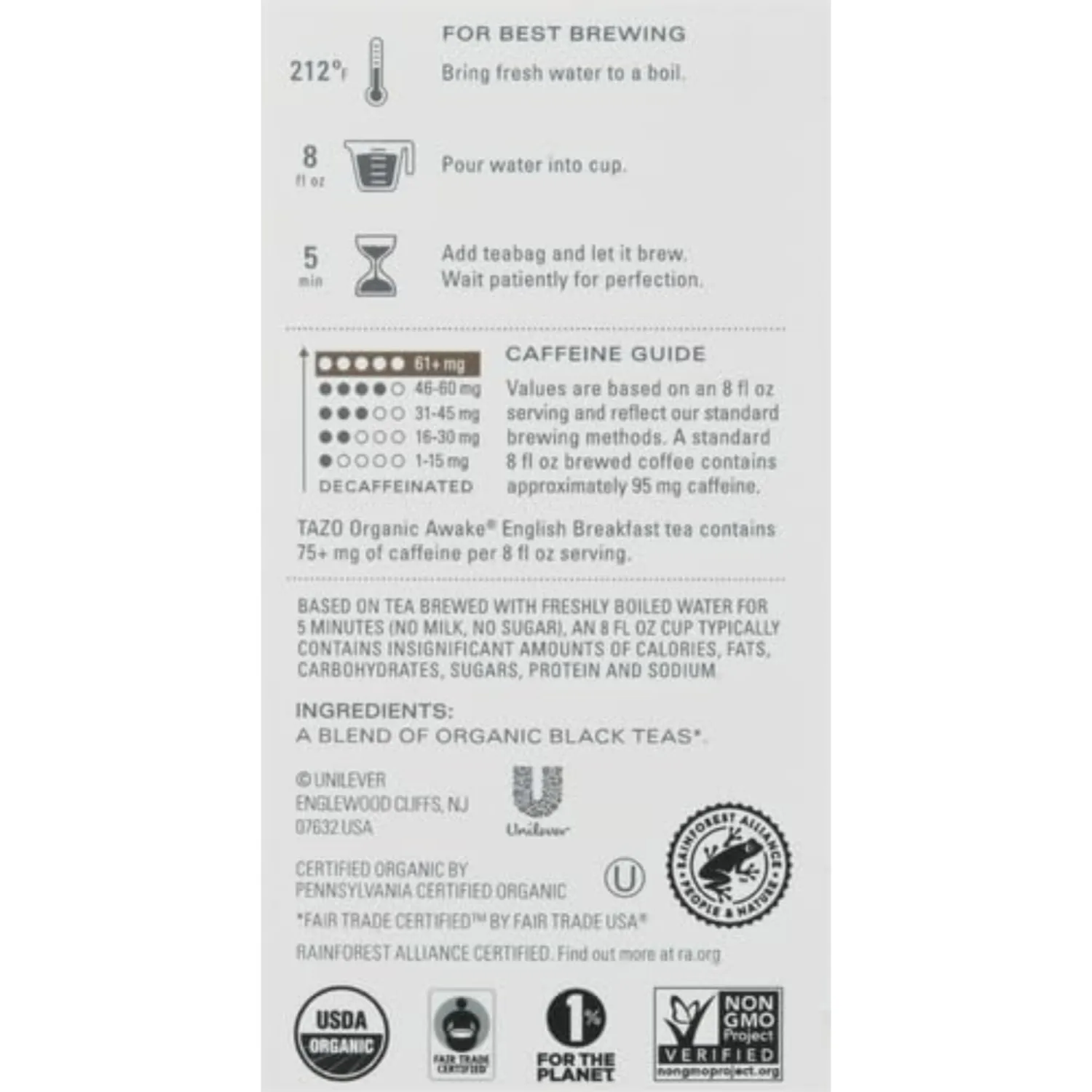 TAZO Organic Awake English Breakfast Black Tea, Black tea with Caffeine, 16 Total Bags