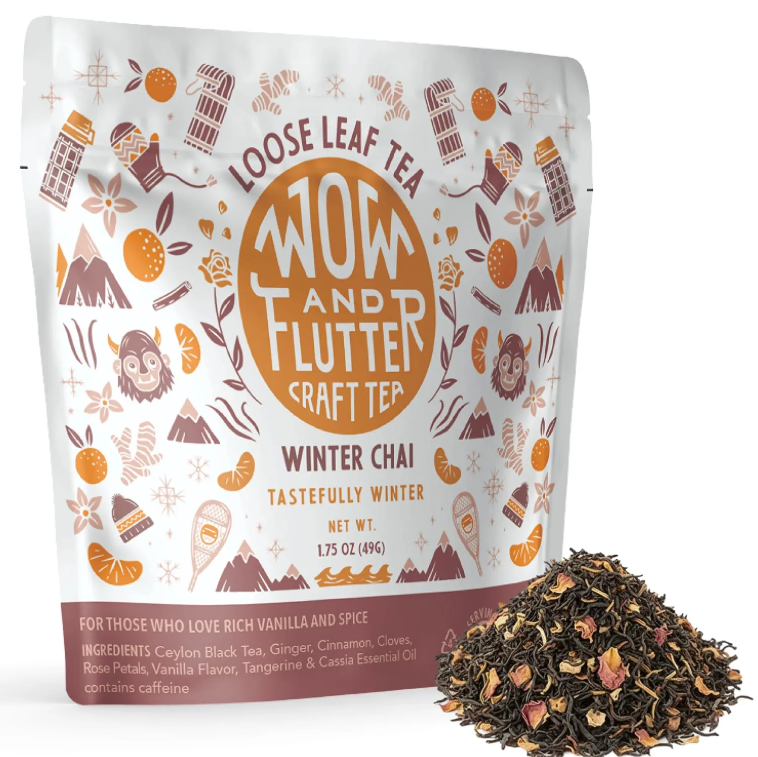 Wow and Flutter Winter Chai Loose Leaf Black Tea | Caffeinated Spiced Blend with Ginger, Cinnamon, Cloves, Vanilla & Rose | Bright Citrus Finish, Cozy At-Home Chai Lattes – 1.75 oz Pouch