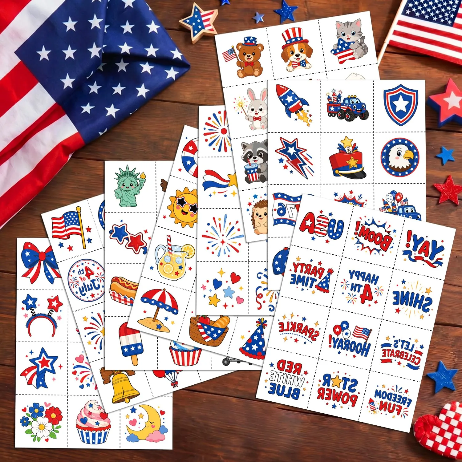 JCFIRE 4th of July Temporary Tattoos for Kids Adults, Cute Independence Day Fake Tattoos Stickers, Fourth of July Red White and Blue 4th of July Accessories for Women Girls Party Favors