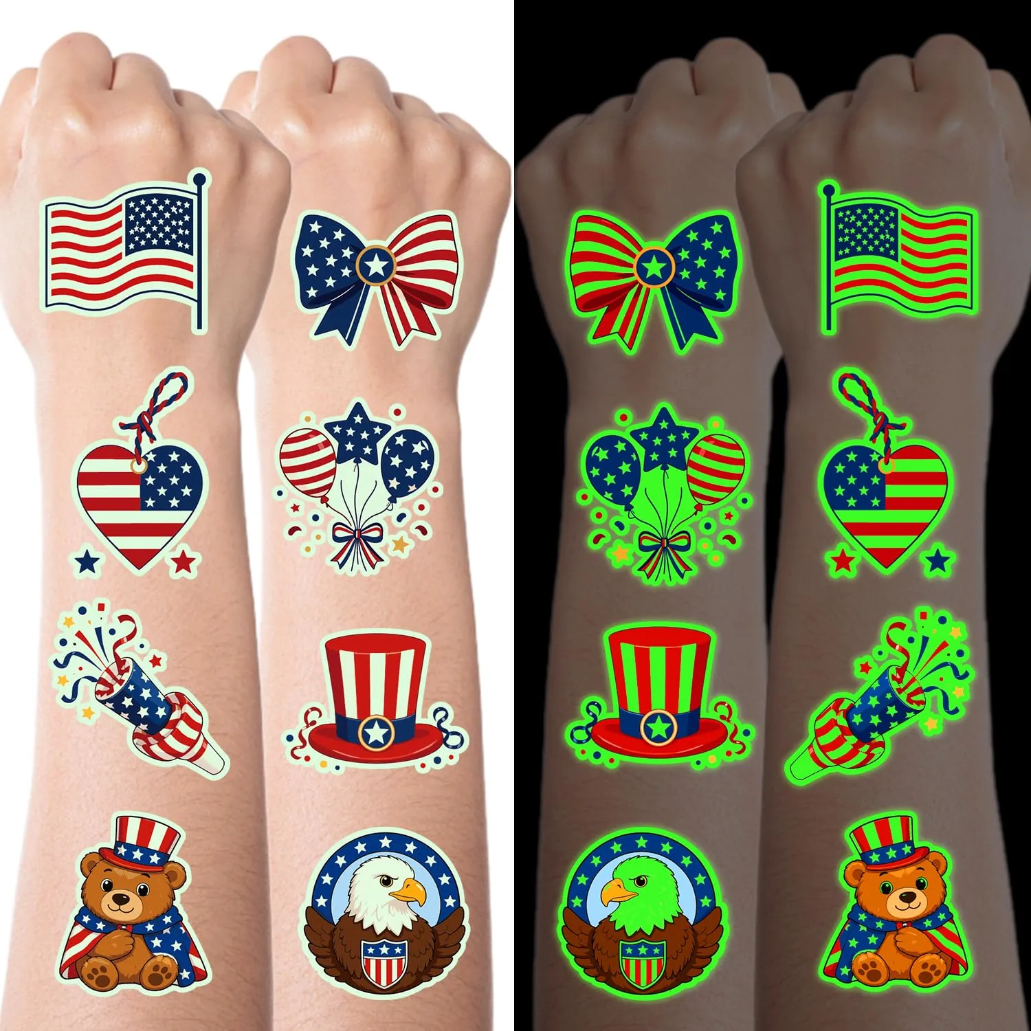 JCFIRE Luminous 4th of July Tattoos Glow in The Dark, Temporary Tattoos for Kids and Adults, 4th of July Accessories for Women Girls, Fourth of July Decorations Supplies