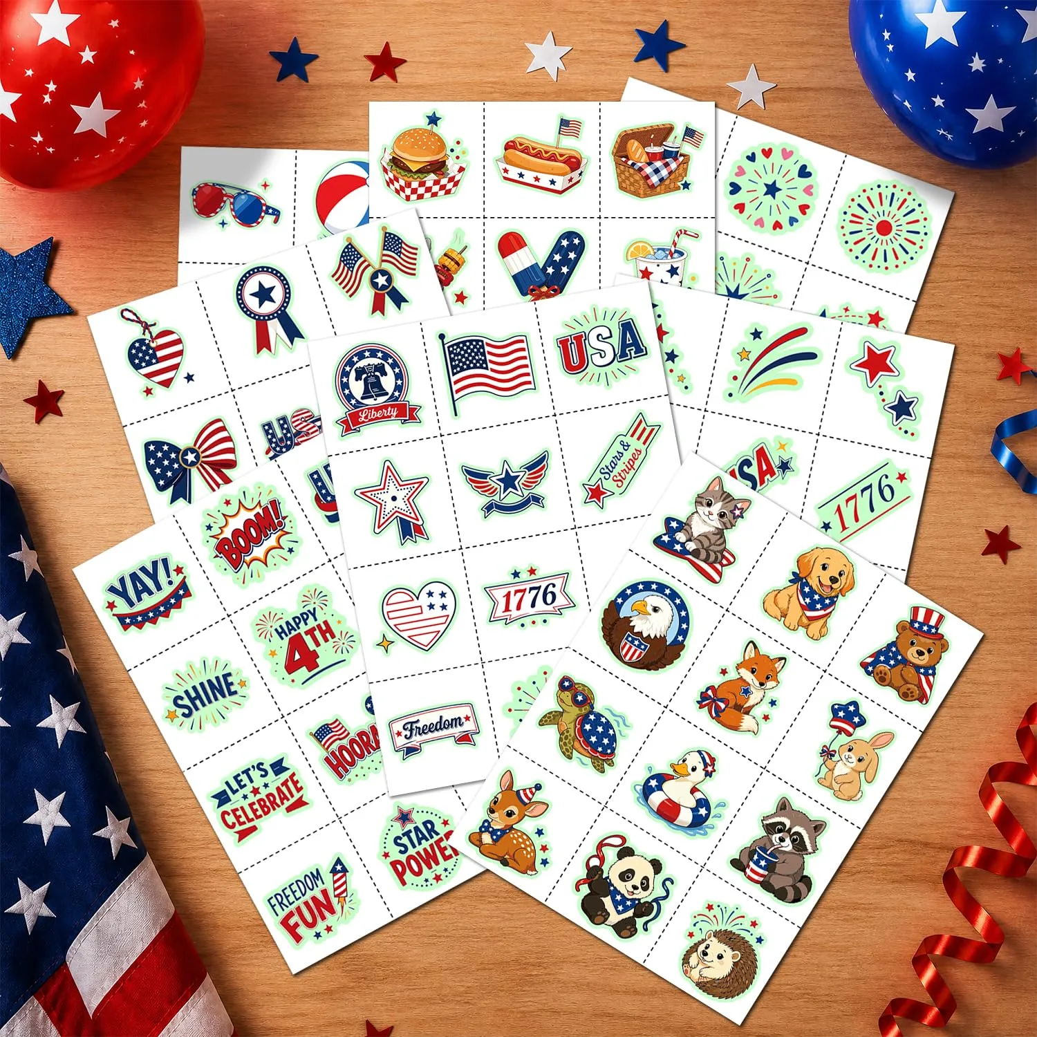 JCFIRE Luminous 4th of July Tattoos Glow in The Dark, Temporary Tattoos for Kids and Adults, 4th of July Accessories for Women Girls, Fourth of July Decorations Supplies
