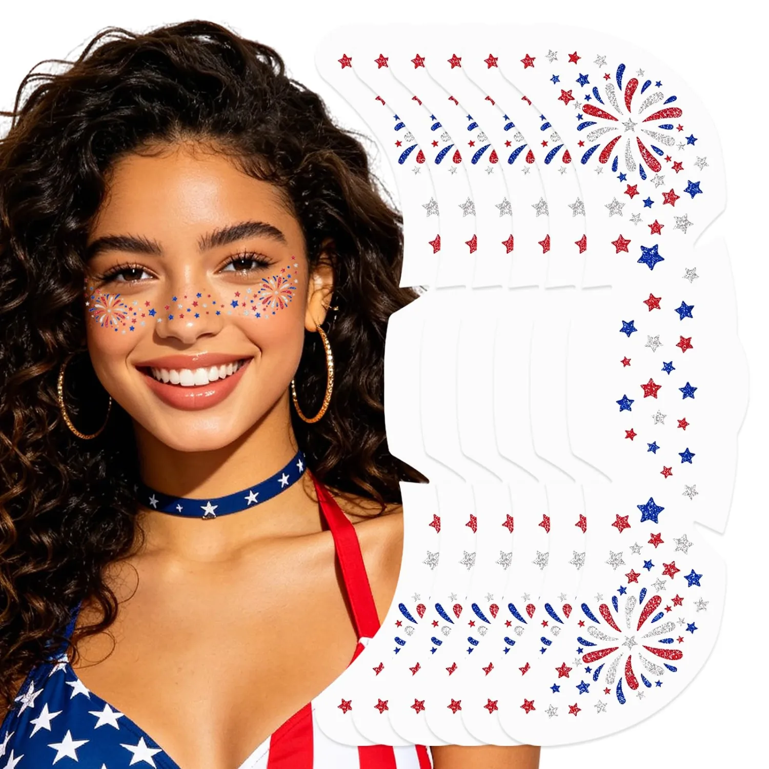 Mysense Red White and Blue Glitter Freckles Face Tattoo with Firework & Star Design,4th of July Outfits for Women Kids,Patriotic USA Accessories Independence Day Makeup Stickers,6Pcs