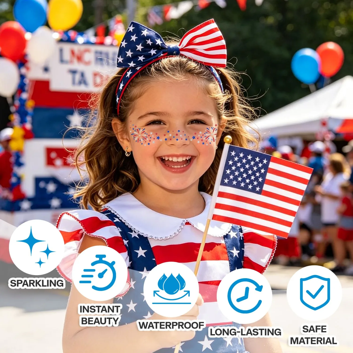 Mysense Red White and Blue Glitter Freckles Face Tattoo with Firework & Star Design,4th of July Outfits for Women Kids,Patriotic USA Accessories Independence Day Makeup Stickers,6Pcs