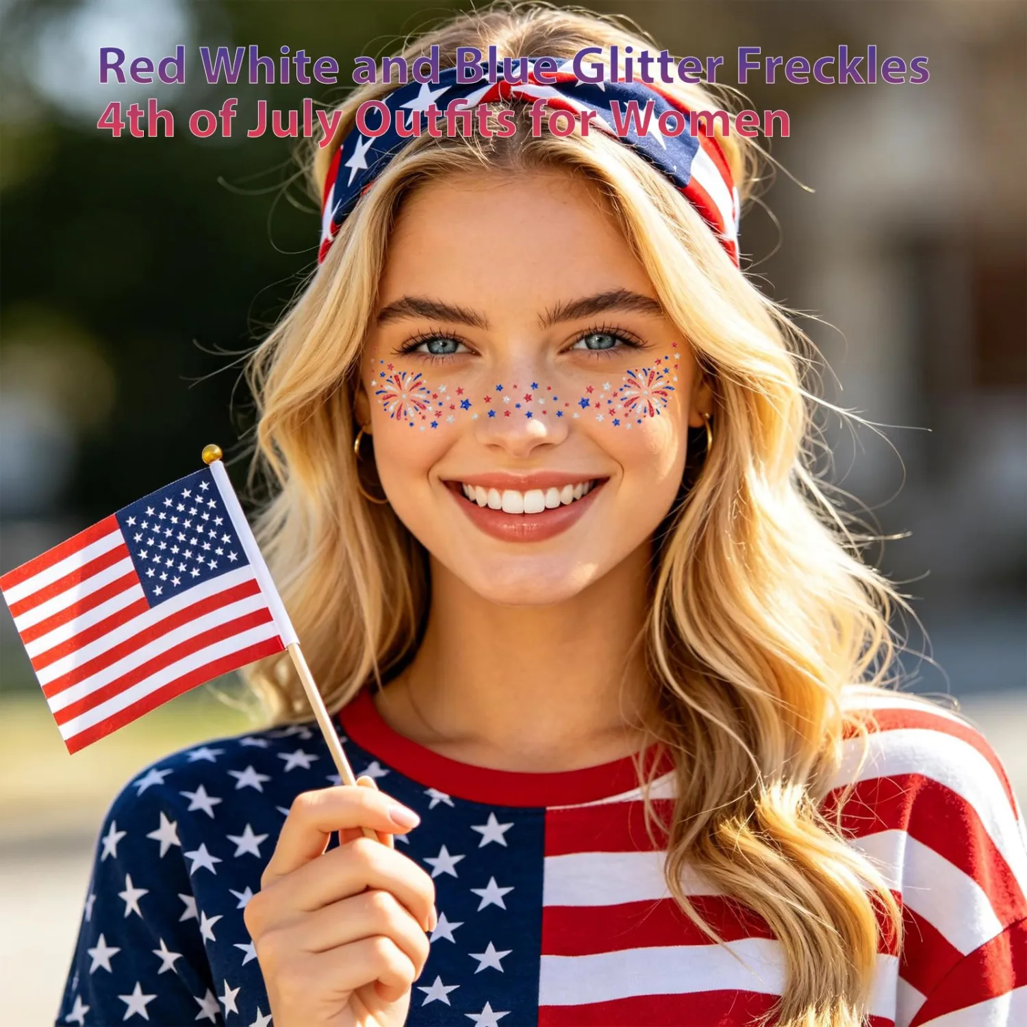 Mysense Red White and Blue Glitter Freckles Face Tattoo with Firework & Star Design,4th of July Outfits for Women Kids,Patriotic USA Accessories Independence Day Makeup Stickers,6Pcs
