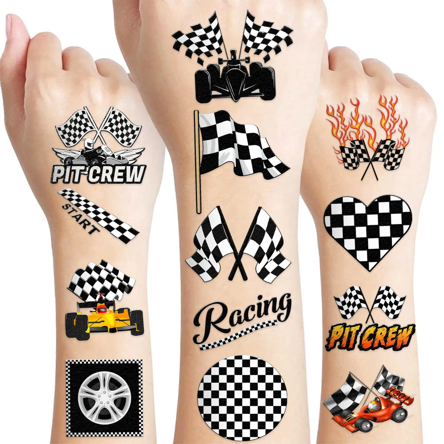 60 PCS Funny Race Car Checkered Flag Pre-Cut Black and White Temporary Tattoos Sticker Birthday Party Decorations Supplies Favors Gifts Boys Girls Men Cute Racing Fake Tattoo School Prizes