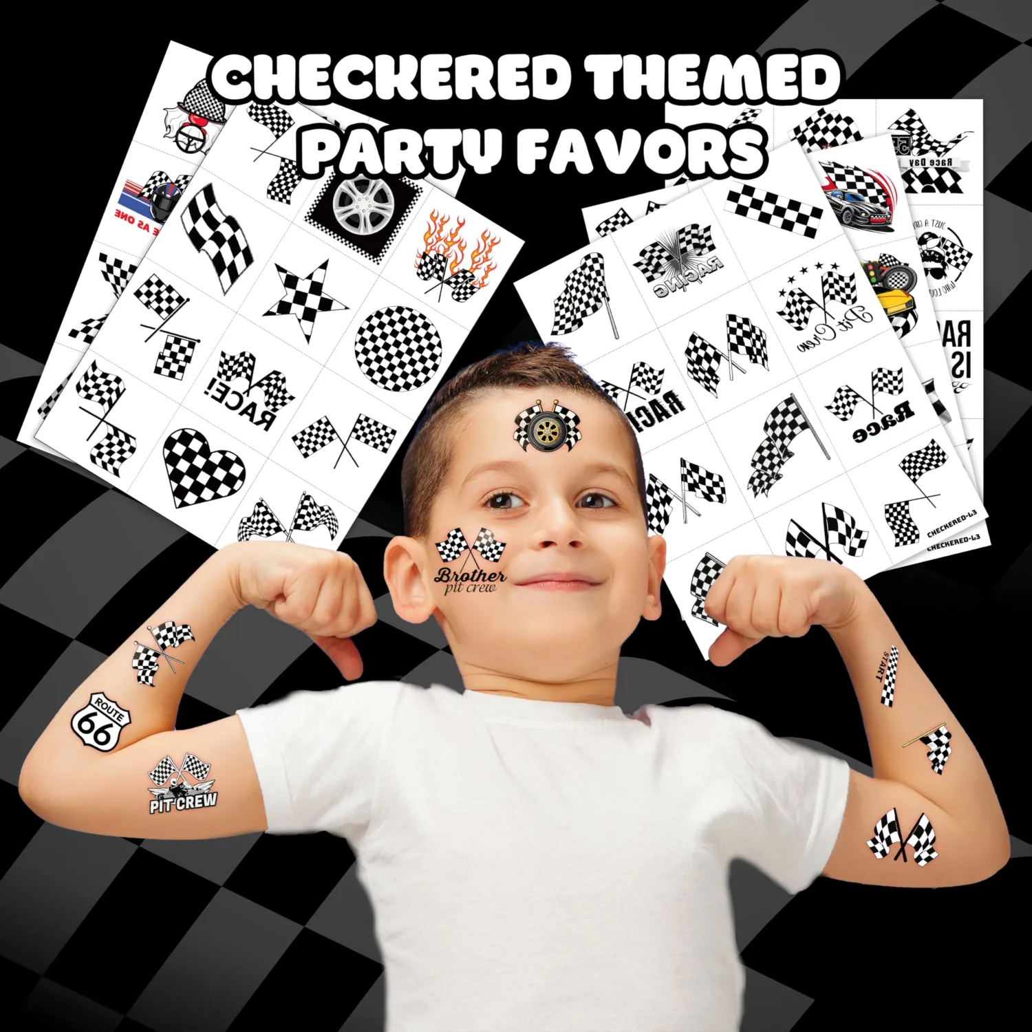 60 PCS Funny Race Car Checkered Flag Pre-Cut Black and White Temporary Tattoos Sticker Birthday Party Decorations Supplies Favors Gifts Boys Girls Men Cute Racing Fake Tattoo School Prizes