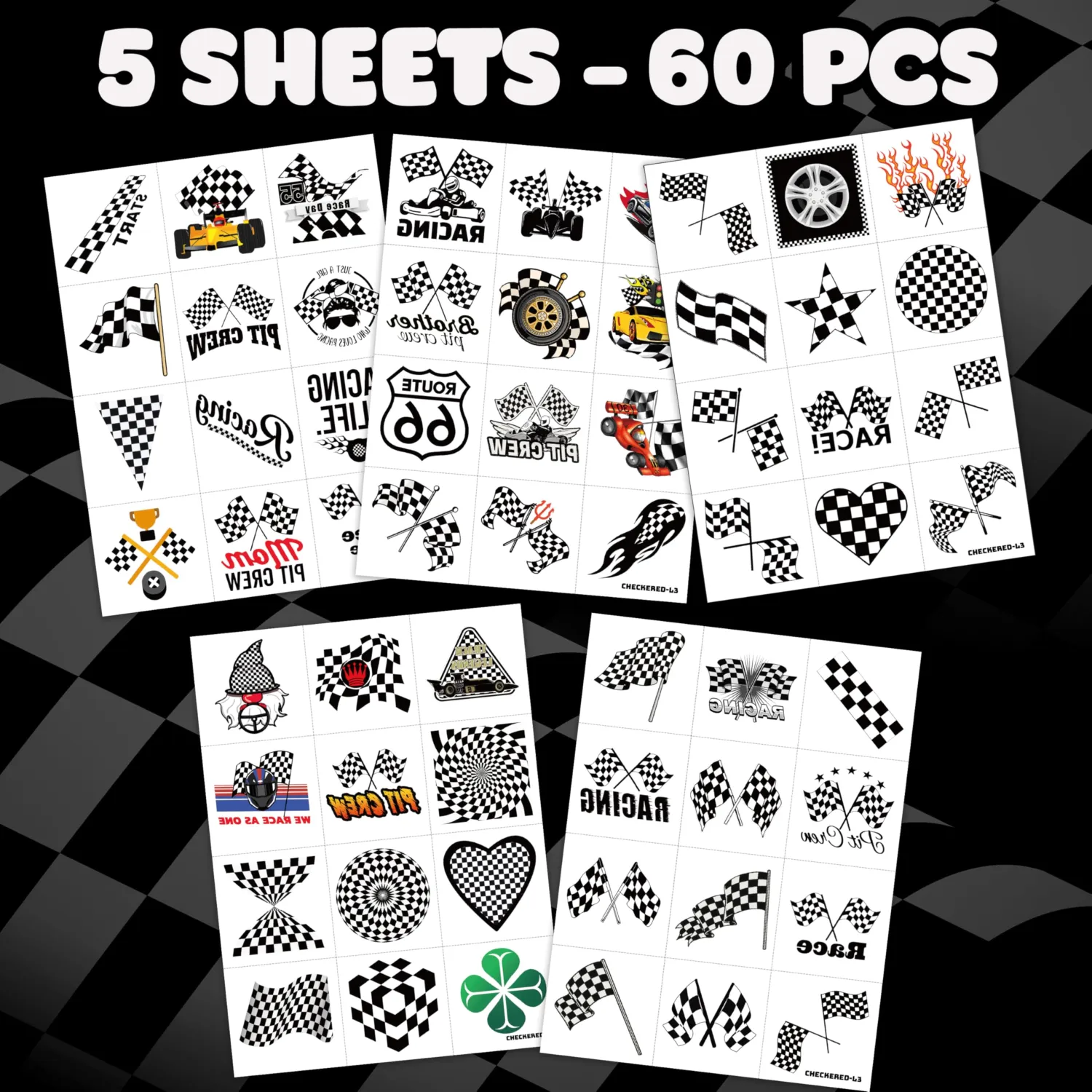 60 PCS Funny Race Car Checkered Flag Pre-Cut Black and White Temporary Tattoos Sticker Birthday Party Decorations Supplies Favors Gifts Boys Girls Men Cute Racing Fake Tattoo School Prizes