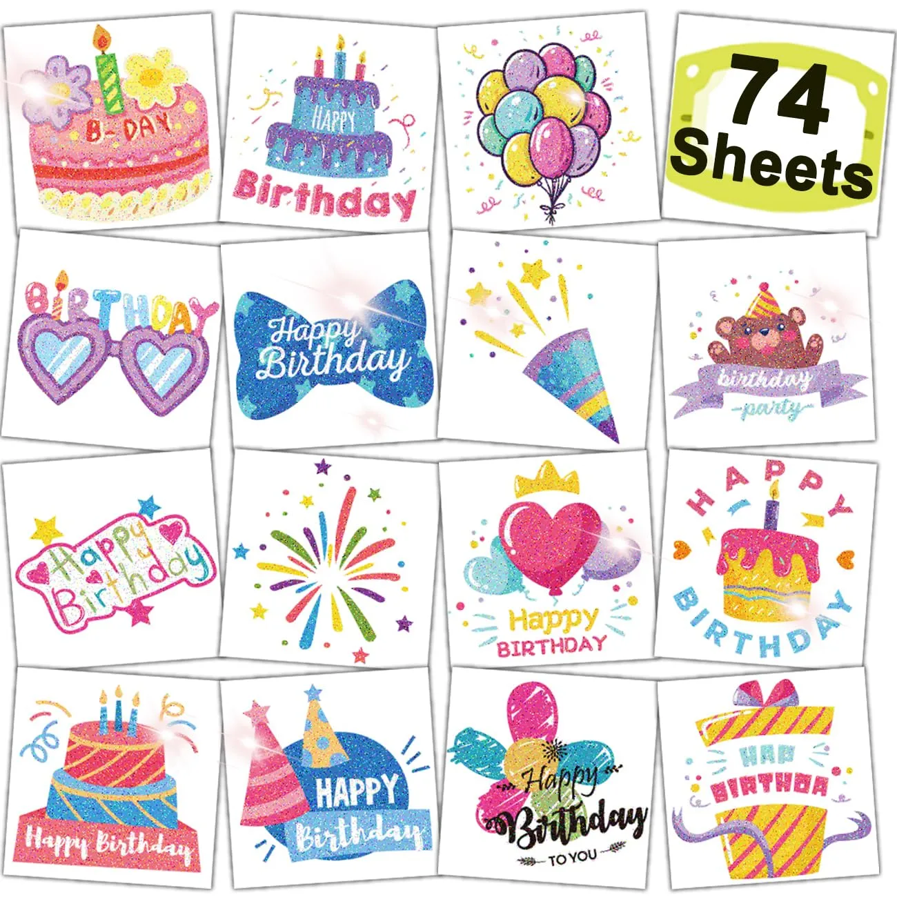 CHARLENT Glitter Happy Birthday Tattoo Stickets for Kids - 74 Individually Sheets Temporary Tattoos Birthday Gifts for Boys Girls