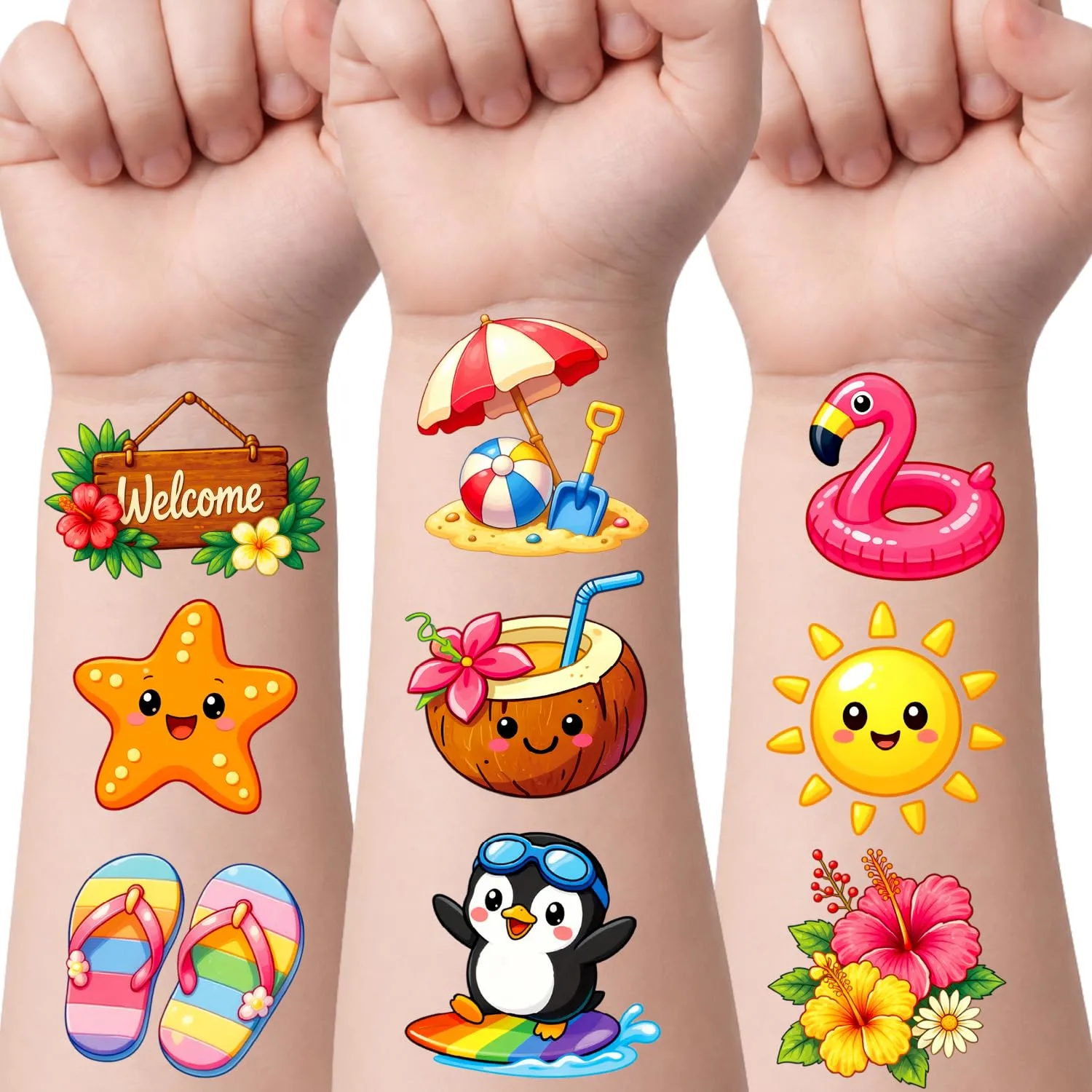 Hawaiian Luau Temporary Tattoos for Kids Adults, Tropical Summer Party Decorations Stickers, Family Pool Party Supplies, Cool Pool Party Favors