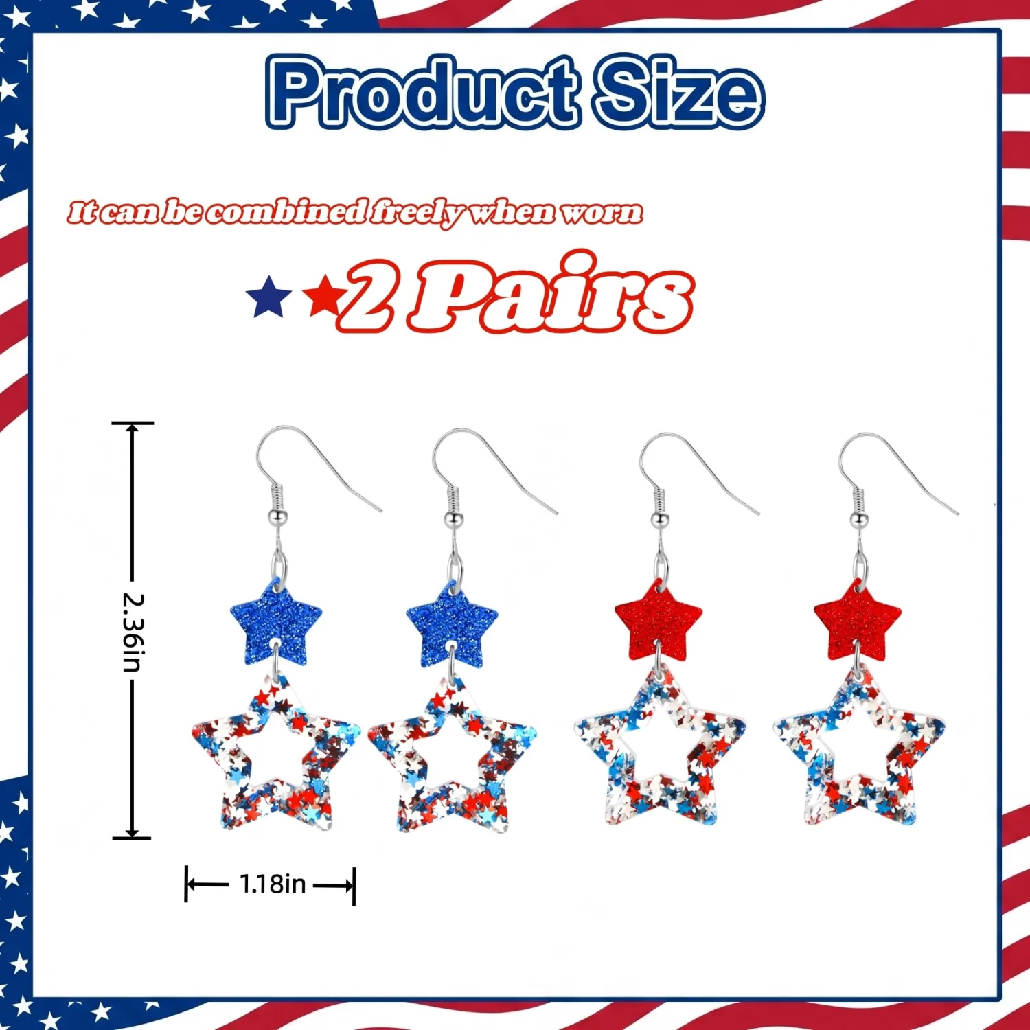 2 Pairs Patriotic American Flag Earrings 4th of July Earrings for Women Acrylic Star Dangle Earrings Independence Day Decorations USA 250th Anniversary Accessories Gifts