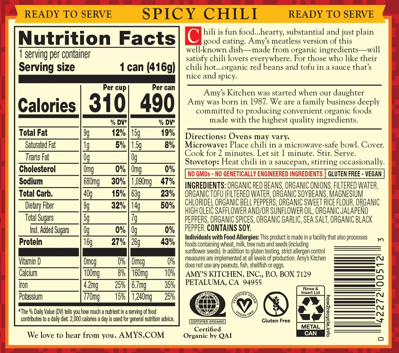 Amy's Organic Chili, Vegan Spicy Chili, Gluten Free, Made With Red Beans and Tofu, 14.7 Oz