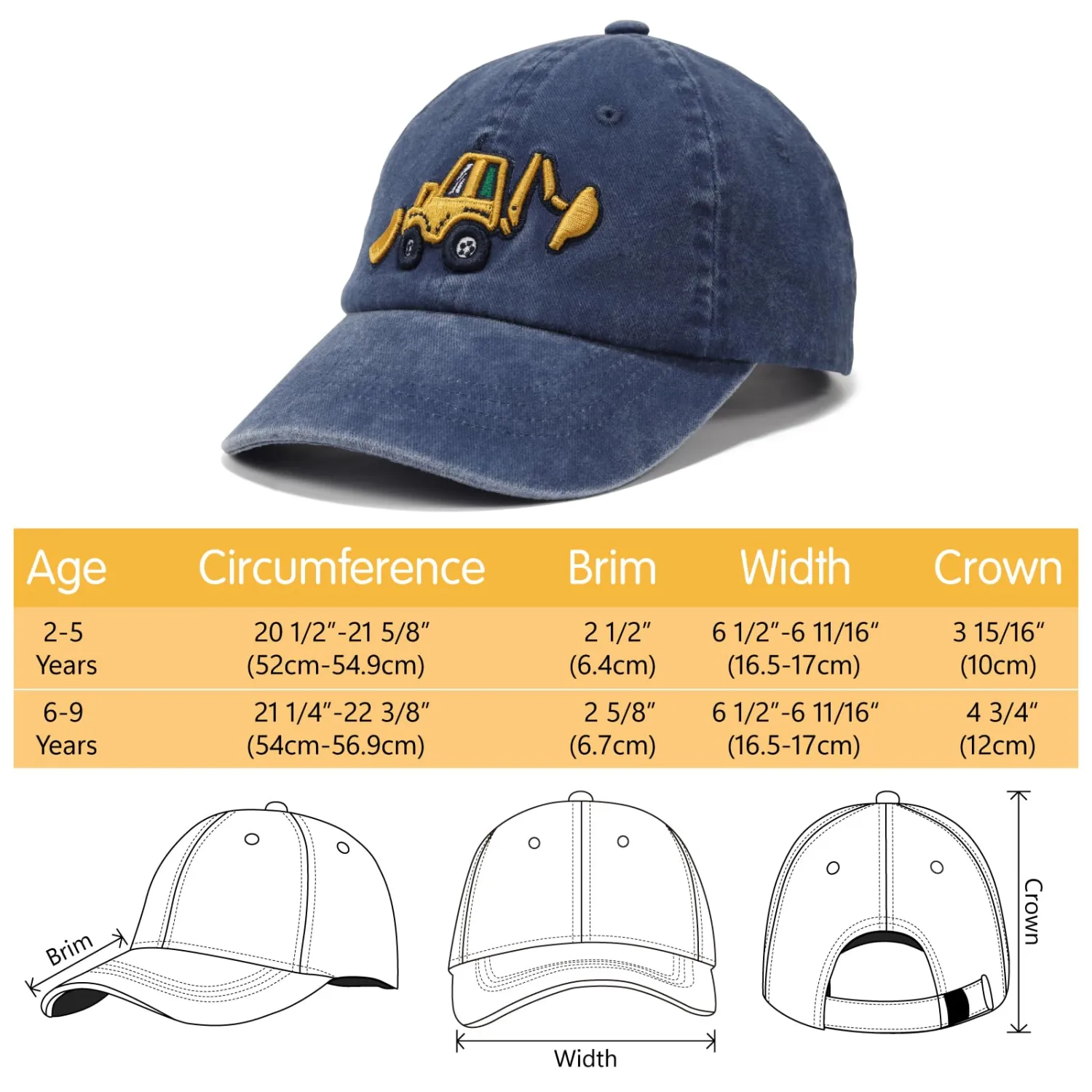 WILLPORT Embroidery Excavator Kids Baseball Cap,2-9Y | Raised embroidered excavator design.Vintage-washed cotton,breathable.Curved brim.Adjustable strap.Machine washable