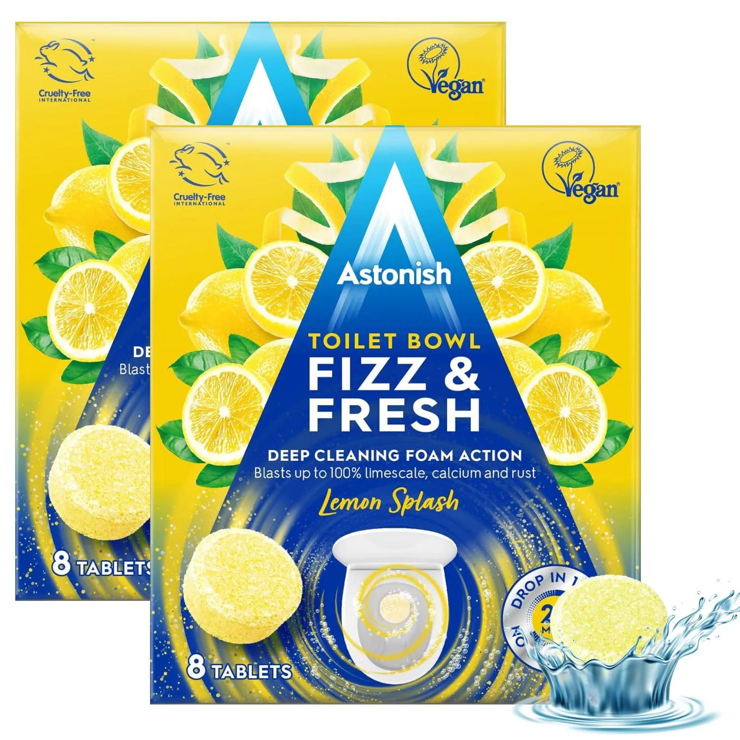 Astonish Foaming Lemon Splash Toilet Bowl Cleaner - Deep Cleaning Limescale, Calcium & Rust - No Bottle, Removes Hard Stains - 16 tablets (2 Boxes of 8)