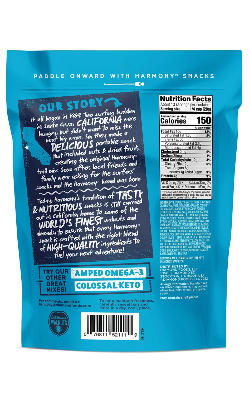 Diamond of California Harmony Mega Mountain Trail Mix with Mixed Nuts, Dried Fruit and Chocolate, 13 oz
