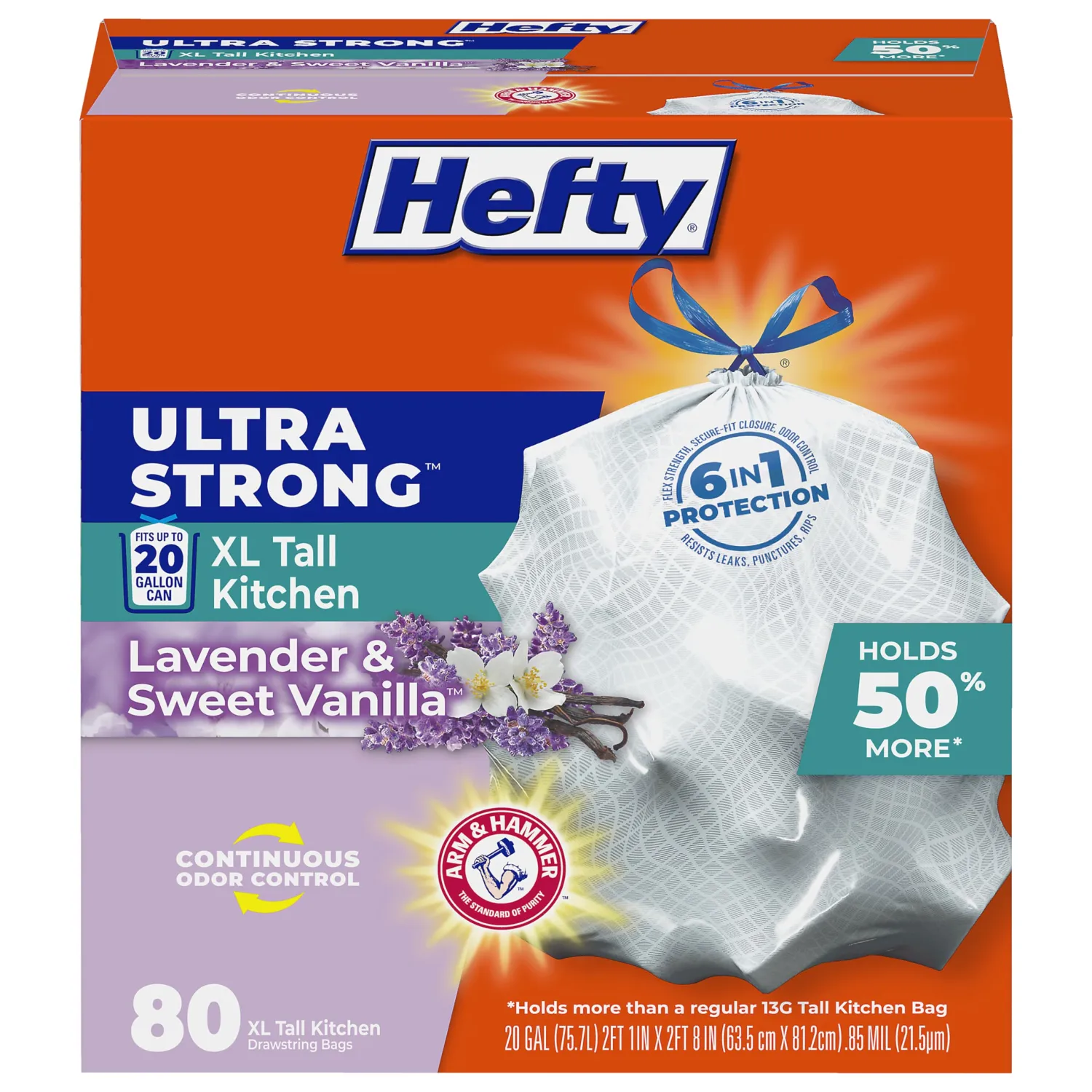 Hefty Ultra Strong 20 Gallon Trash Bags, XL Tall Kitchen Trash Bags 20 Gallon Size, Drawstring Closure, Continuous Odor Control, White, Lavender and Sweet Vanilla Scent, 80 Bags