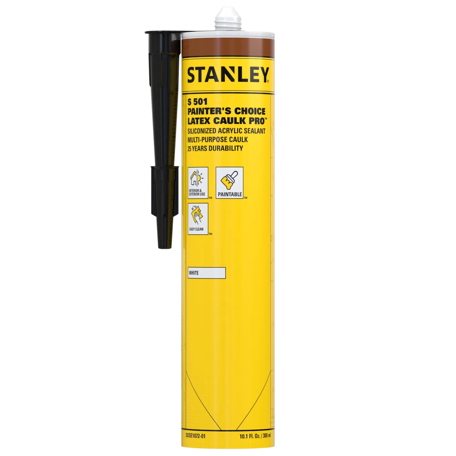 Stanley S501 Acrylic Latex Caulk White - (1x10.1 fl. oz.) Paintable Interior and Exterior Window Caulk - Waterproof, Odorless White Calking for Baseboard, Trim, Kitchen and Bathroom - 1 Pack