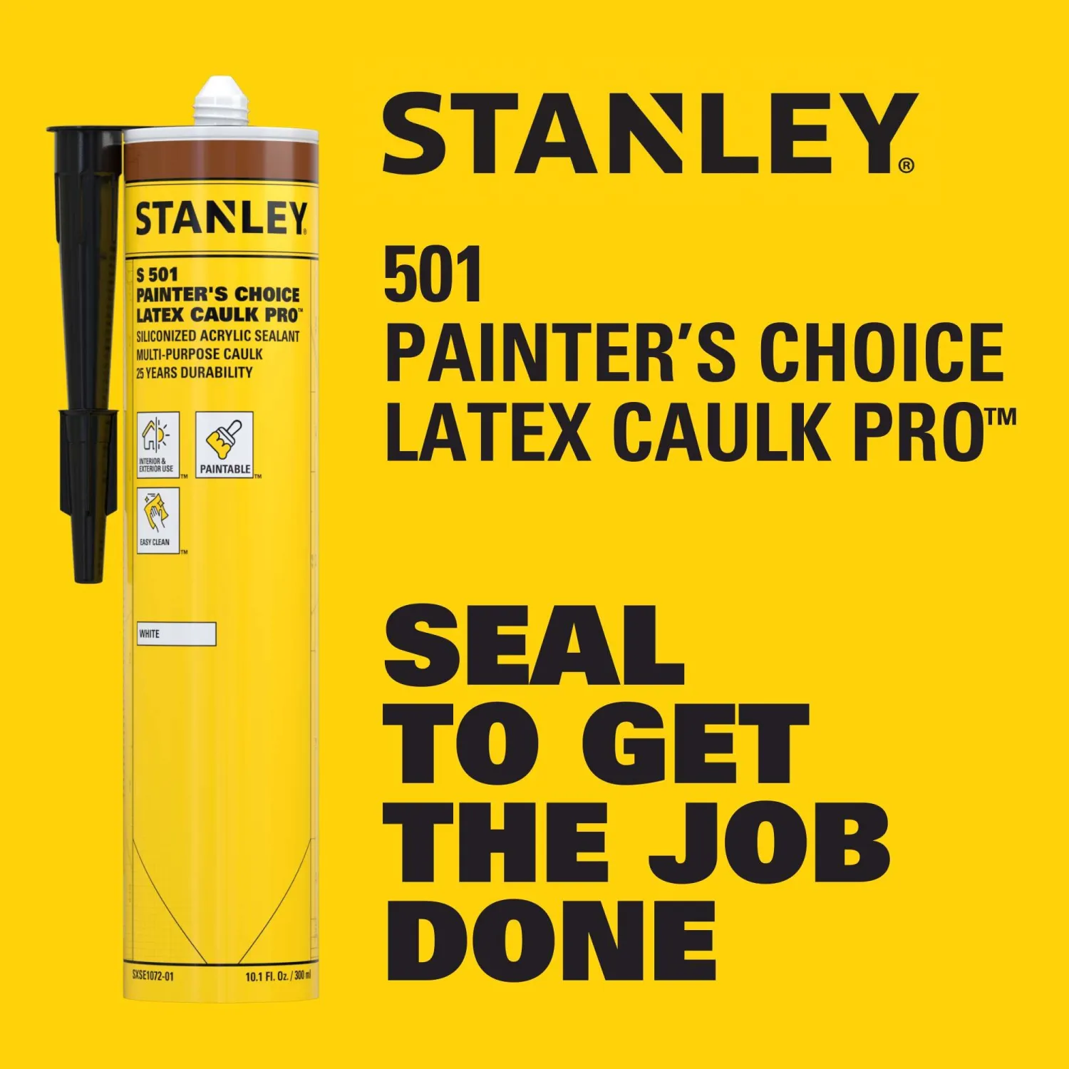 Stanley S501 Acrylic Latex Caulk White - (1x10.1 fl. oz.) Paintable Interior and Exterior Window Caulk - Waterproof, Odorless White Calking for Baseboard, Trim, Kitchen and Bathroom - 1 Pack